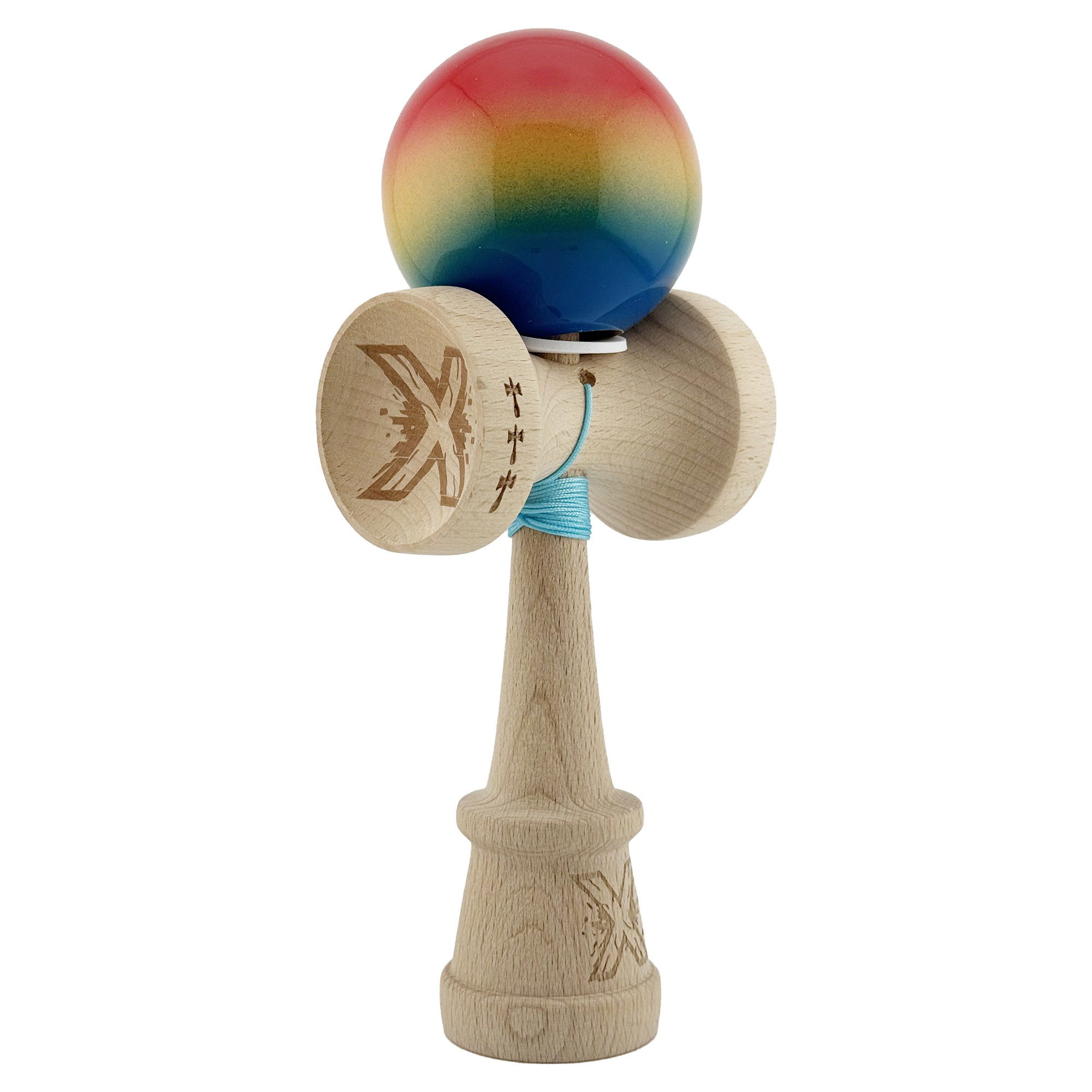 Kendama Super Sticky V3 Cupe Mari - Kendama X Originala, Profesionala, Flippy, Super Sticky cu Cupe Mari KING SIZE V3, Gaura in Baza, Rulment Metalic, din lemn 18 cm, Ata 62/65 cm, Gradient Rosu/Galben/Albastru