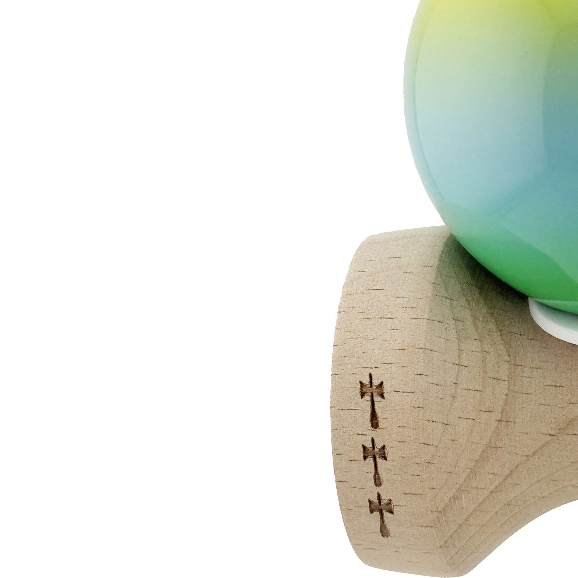 Kendama X Originala, Profesionala, Flippy, Super Sticky cu Cupe Mari KING SIZE V3, Gaura in Baza, Rulment Metalic, din lemn 18 cm, Ata 62/65 cm, Gradient Galben/Albastru/Verde [8]