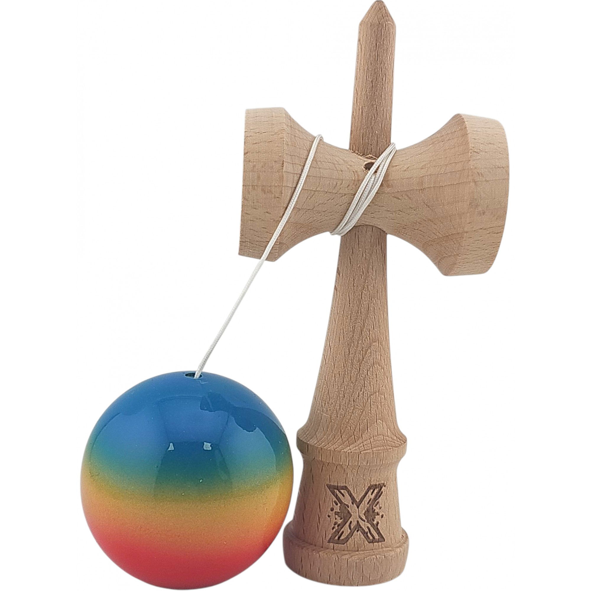 Kendama - Kendama X Originala, Profesionala, Flippy, Super Sticky din Lemn, 18 cm, Gradient Rosu/Galben/Albastru