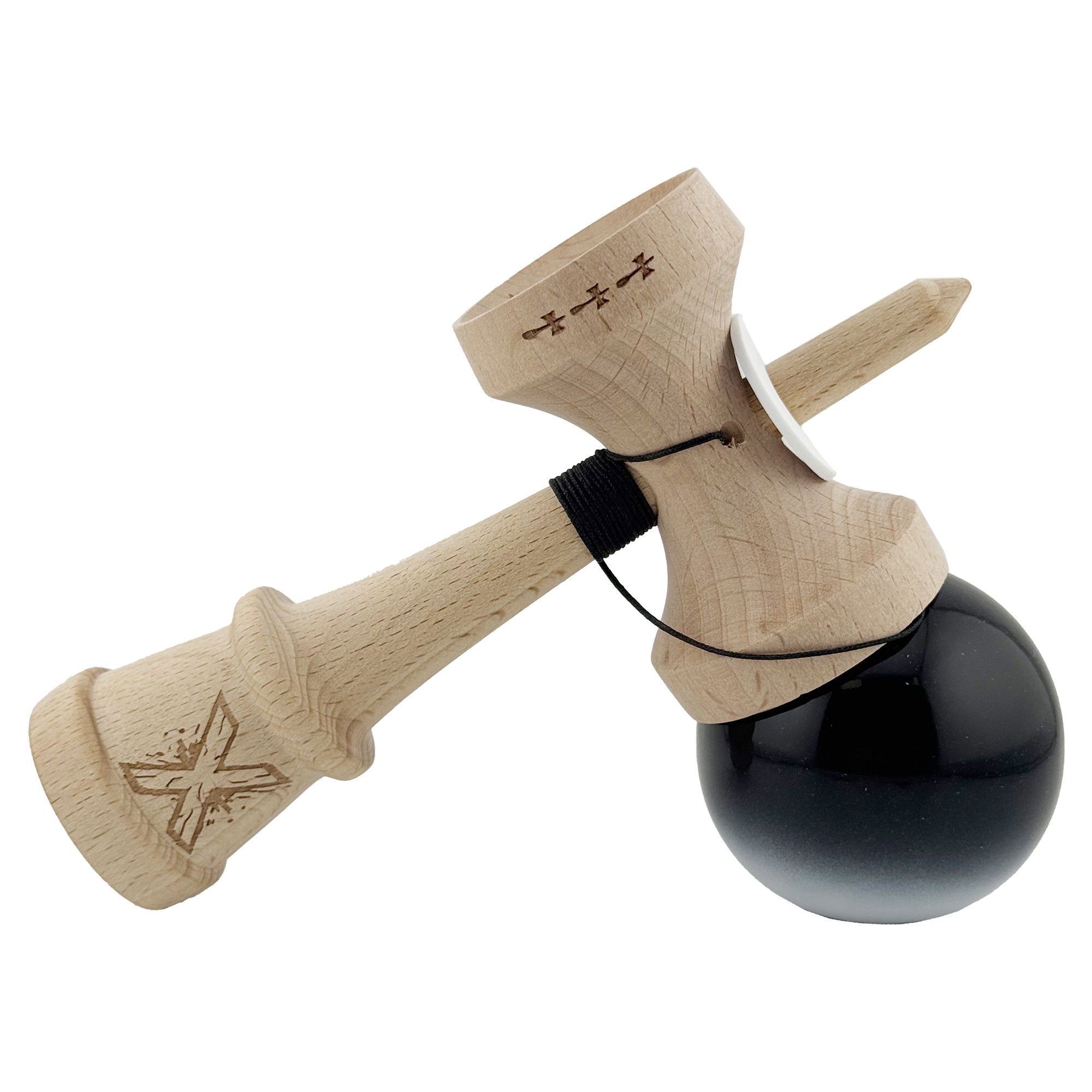 Kendama X Originala, Profesionala, Flippy, Super Sticky cu Cupe Mari KING SIZE V3, Gaura in Baza, Rulment Metalic, din lemn 18 cm, Ata 62/65 cm, Gradient Negru/Alb [5]