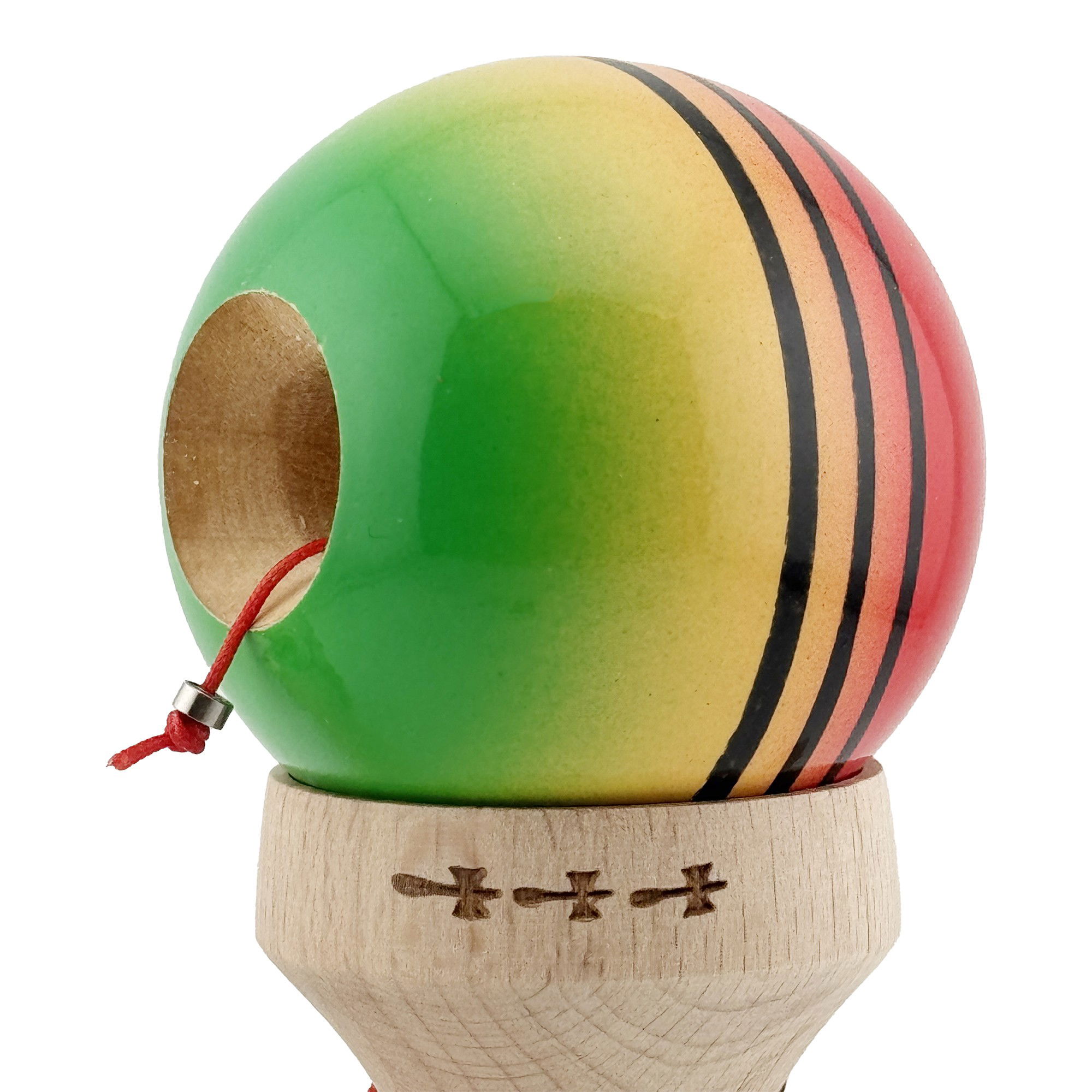 Kendama X Originala, Profesionala, Flippy, Super Sticky cu Cupe Mari KING SIZE V3, Gaura in Baza, Rulment Metalic, din lemn 18 cm, Ata 62/65 cm, Special Rosu/Verde [7]