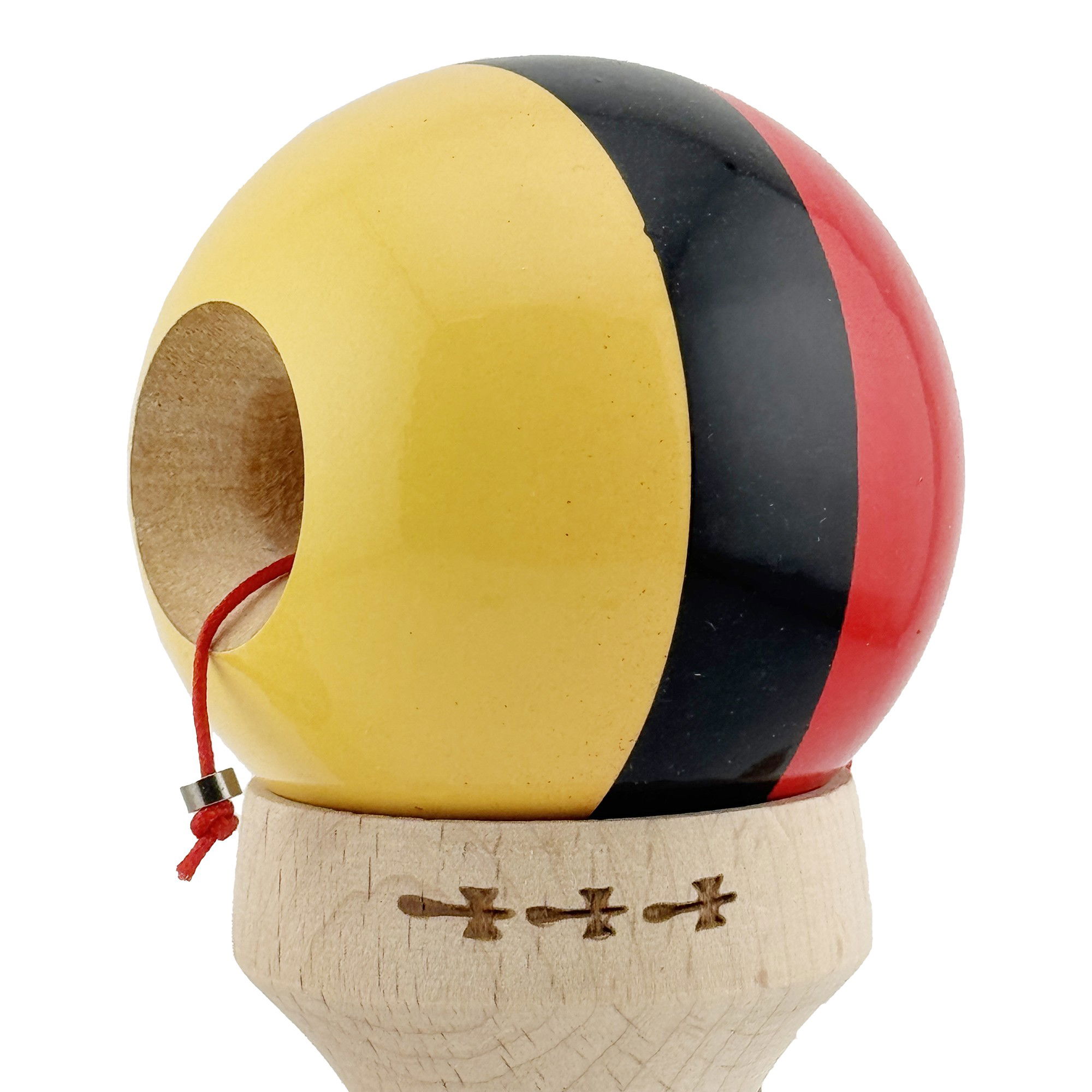 Kendama X Originala, Profesionala, Flippy, Super Sticky cu Cupe Mari KING SIZE V3, Gaura in Baza, Rulment Metalic, din lemn 18 cm, Ata 62/65 cm, Rosu/Negru/Galben  [7]
