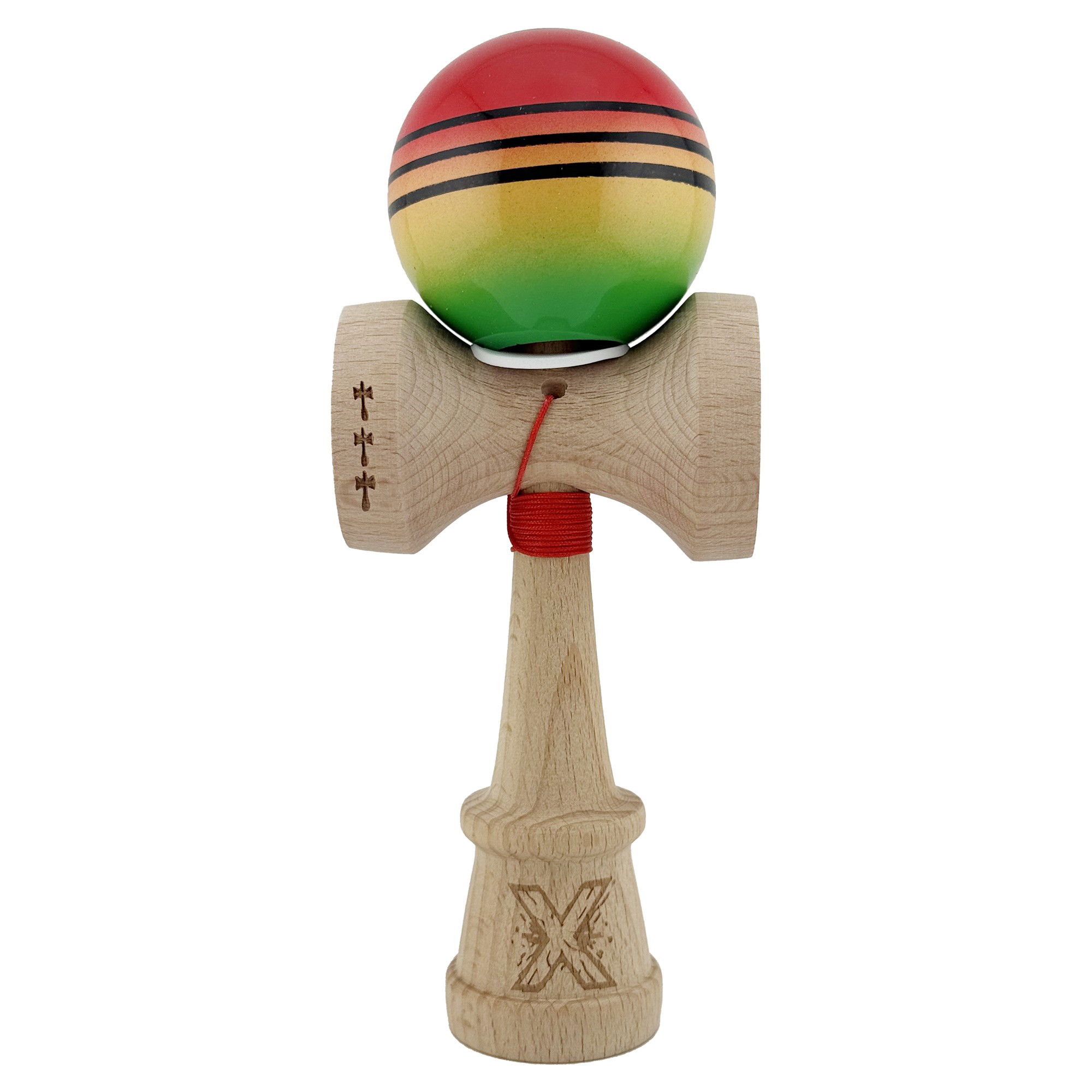 Kendama Super Sticky V3 Cupe Mari - Kendama X Originala, Profesionala, Flippy, Super Sticky cu Cupe Mari KING SIZE V3, Gaura in Baza, Rulment Metalic, din lemn 18 cm, Ata 62/65 cm, Special Rosu/Verde