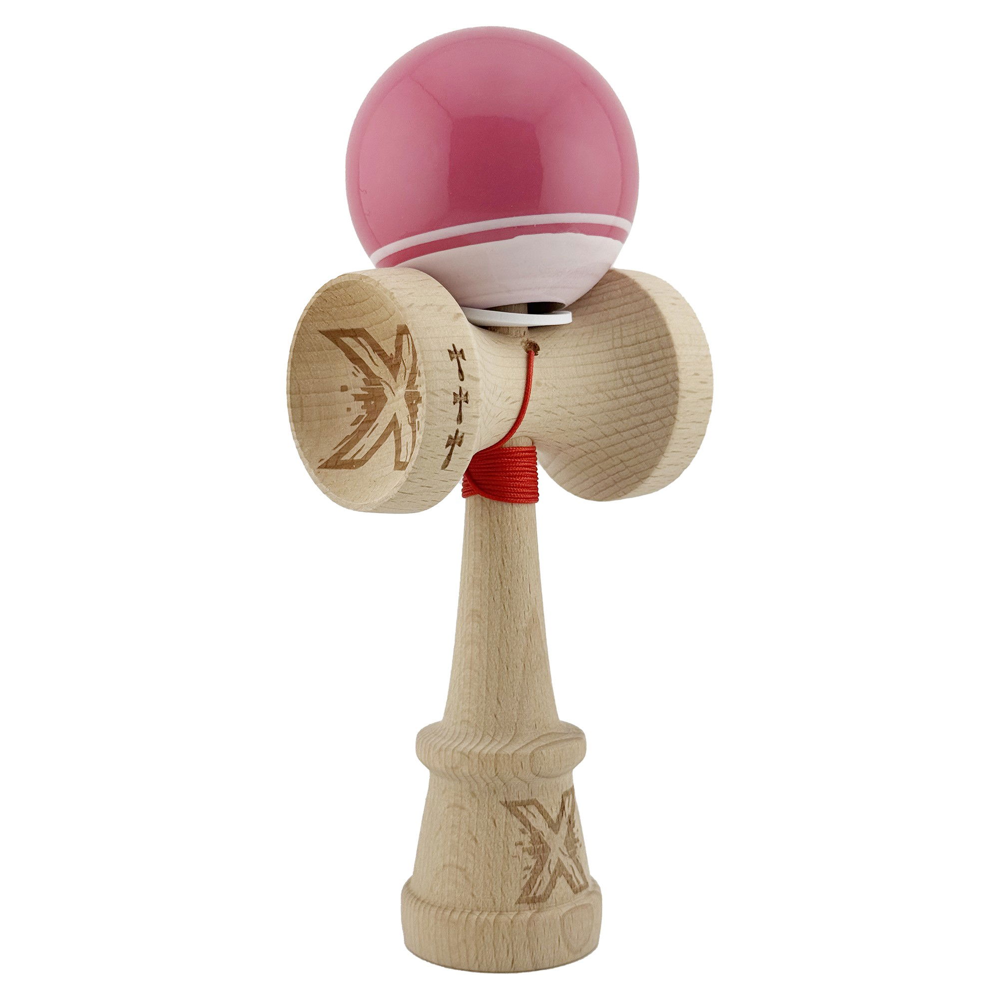 Kendama Super Sticky V3 Cupe Mari - Kendama X Originala, Profesionala, Flippy, Super Sticky cu Cupe Mari KING SIZE V3, Gaura in Baza, Rulment Metalic, din lemn 18 cm, Ata 62/65 cm, Special Roz/Alb