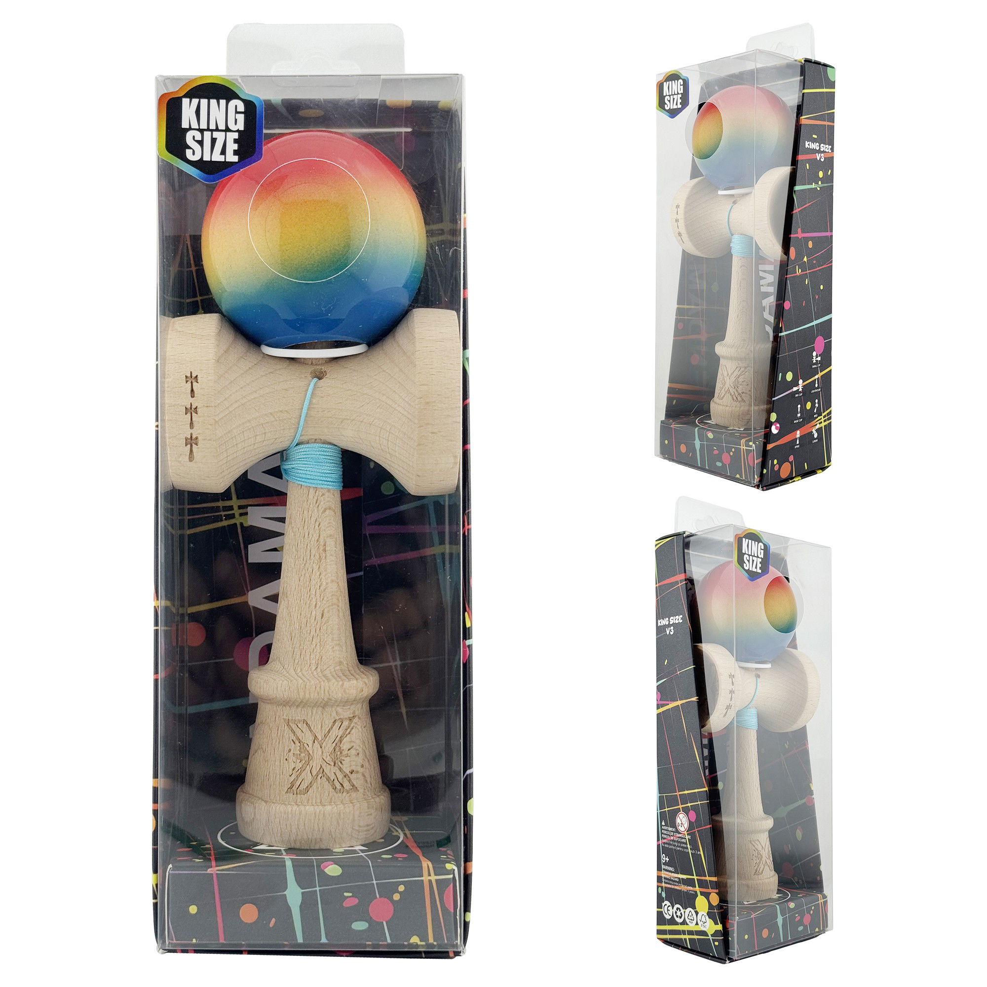 Kendama X Originala, Profesionala, Flippy, Super Sticky cu Cupe Mari KING SIZE V3, Gaura in Baza, Rulment Metalic, din lemn 18 cm, Ata 62/65 cm, Gradient Rosu/Galben/Albastru [6]