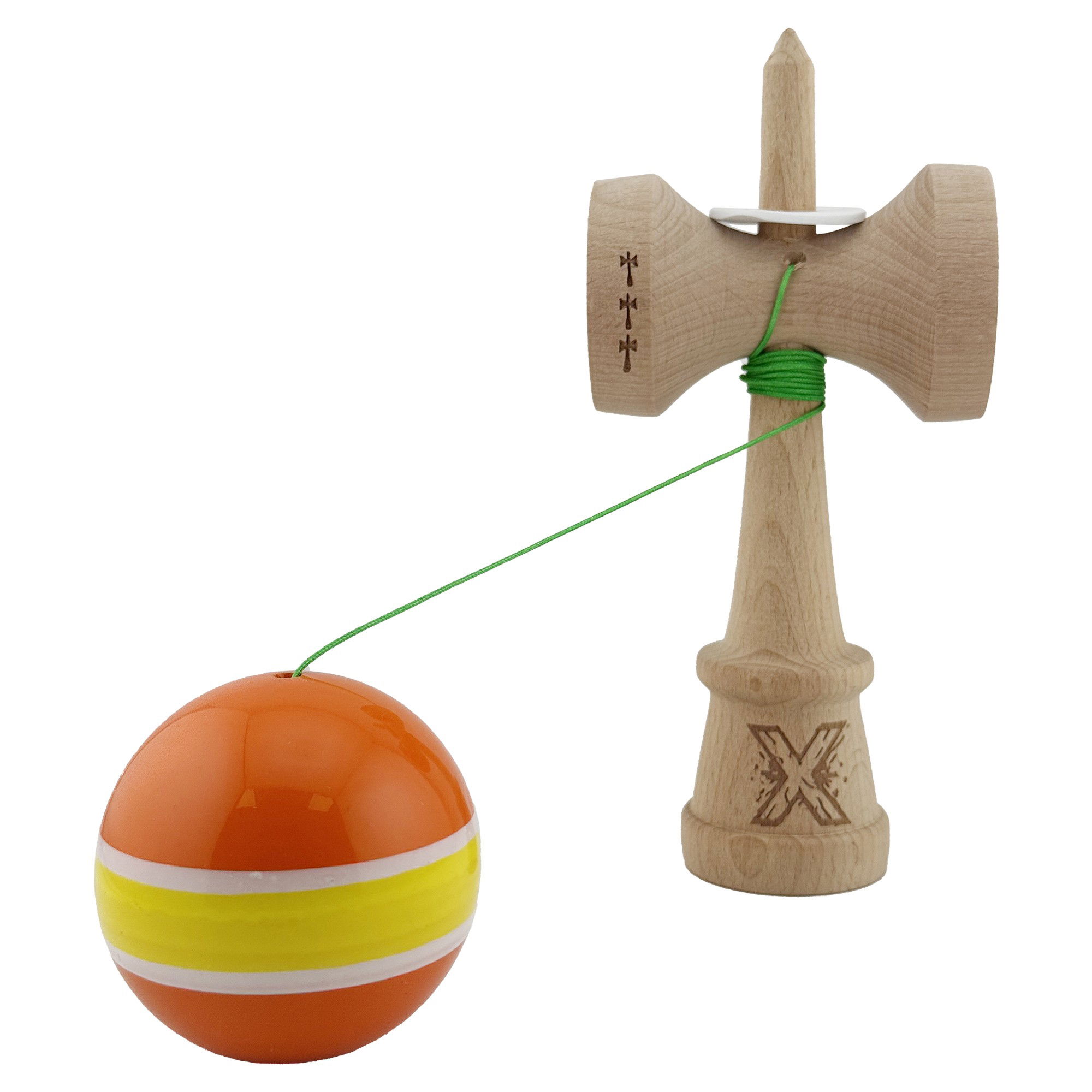 Kendama X Originala, Profesionala, Flippy, Super Sticky cu Cupe Mari KING SIZE V3, Gaura in Baza, Rulment Metalic, din lemn 18 cm, Ata 62/65 cm, Special Portocaliu/Galben [4]