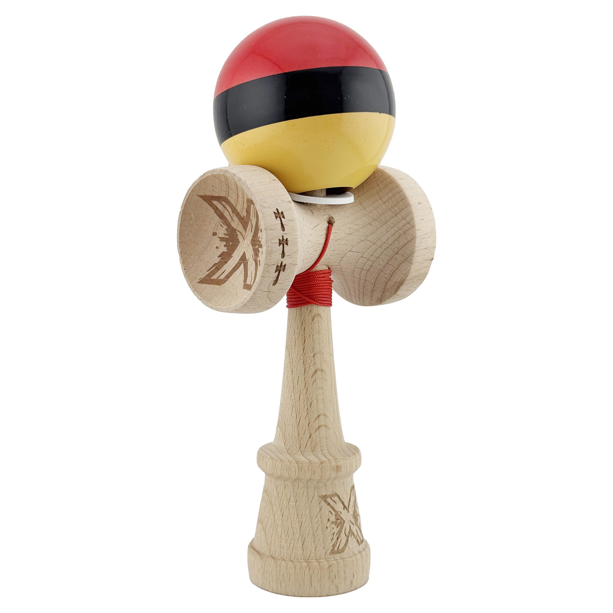 Kendama Super Sticky V3 Cupe Mari - Kendama X Originala, Profesionala, Flippy, Super Sticky cu Cupe Mari KING SIZE V3, Gaura in Baza, Rulment Metalic, din lemn 18 cm, Ata 62/65 cm, Rosu/Negru/Galben 
