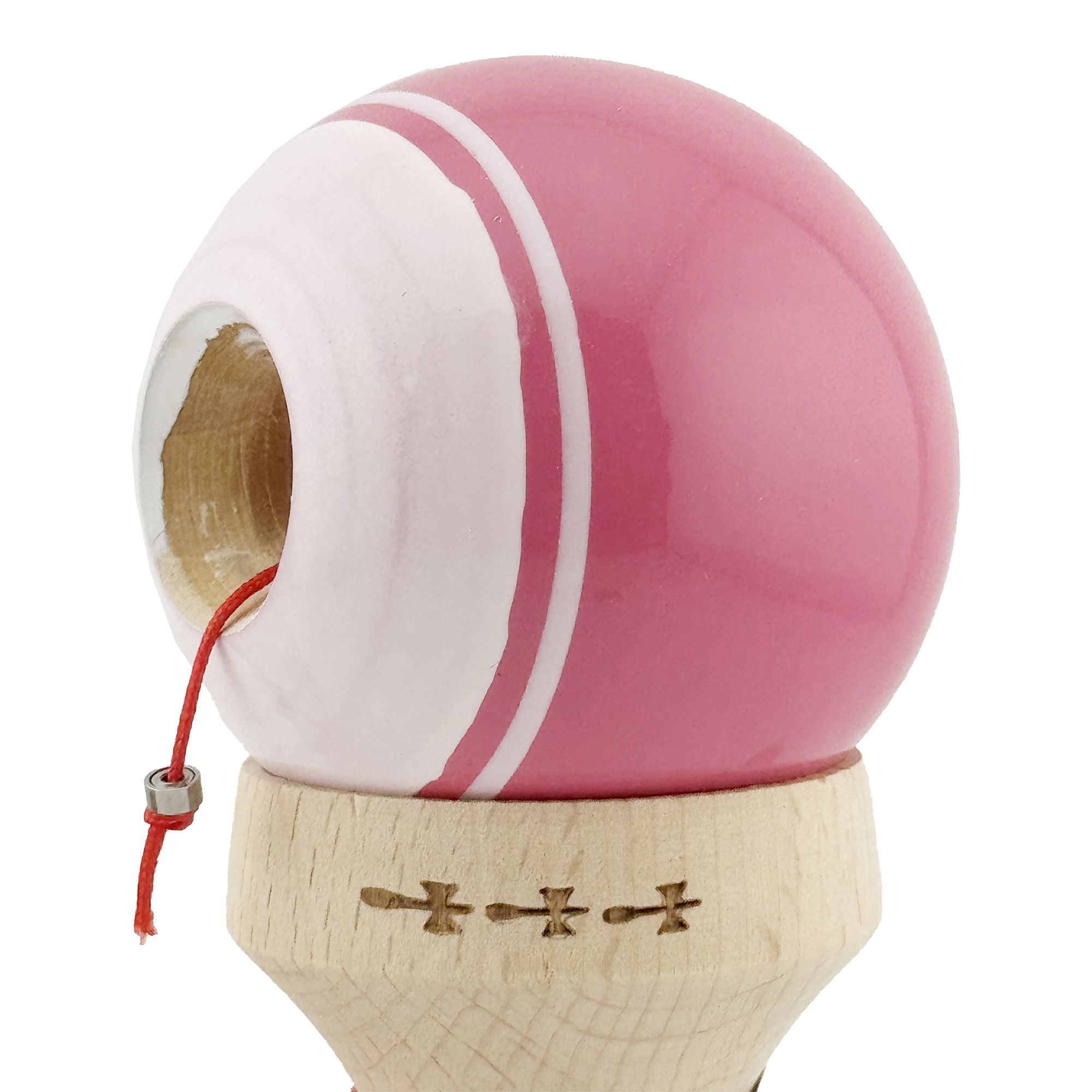 Kendama X Originala, Profesionala, Flippy, Super Sticky cu Cupe Mari KING SIZE V3, Gaura in Baza, Rulment Metalic, din lemn 18 cm, Ata 62/65 cm, Special Roz/Alb [7]