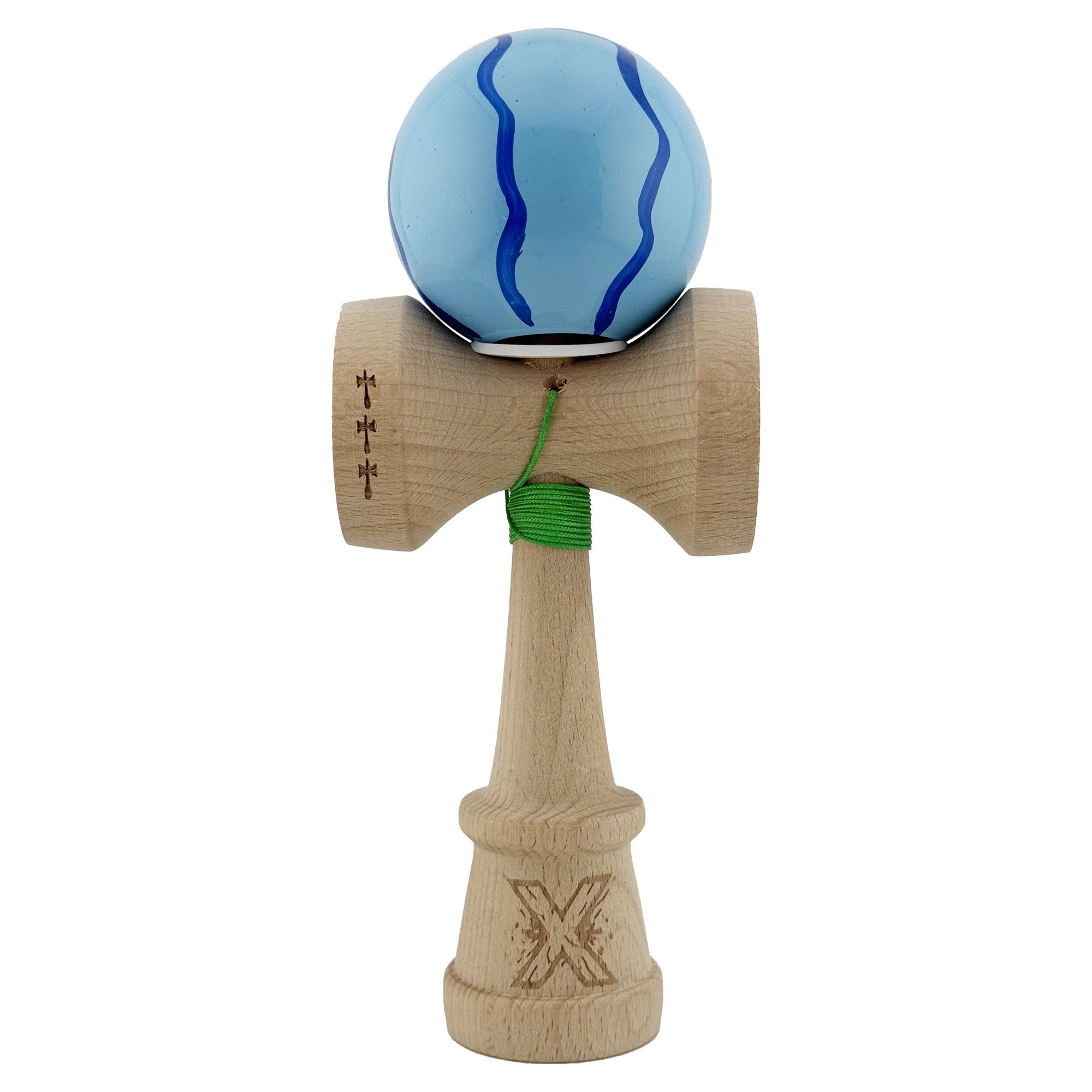 Kendama Super Sticky V3 Cupe Mari - Kendama X Originala, Profesionala, Flippy, Super Sticky cu Cupe Mari KING SIZE V3, Gaura in Baza, Rulment Metalic, din lemn 18 cm, Ata 62/65 cm, Special Albastru deschis