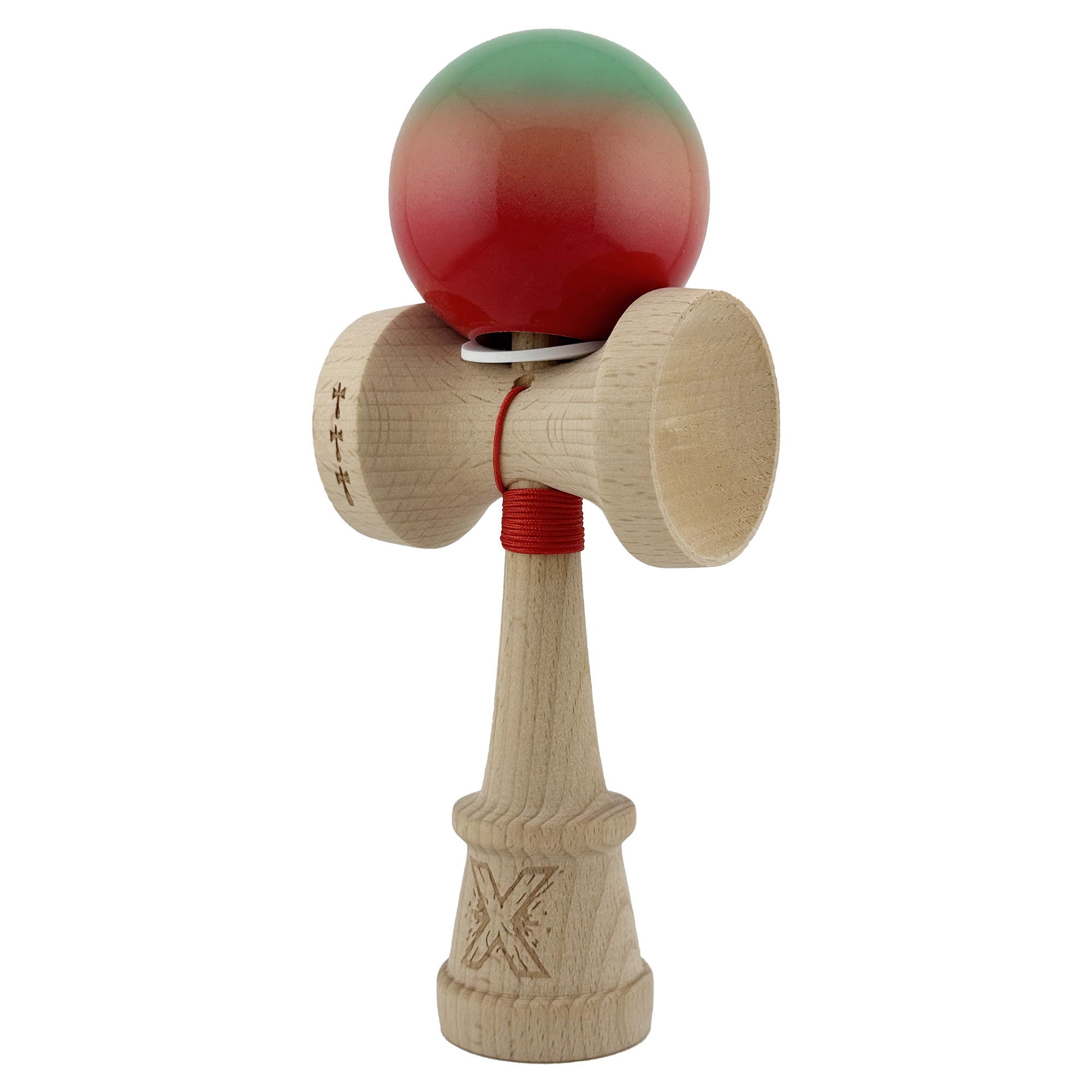 Kendama X Originala, Profesionala, Flippy, Super Sticky cu Cupe Mari KING SIZE V3, Gaura in Baza, Rulment Metalic, din lemn 18 cm, Ata 62/65 cm, Gradient Verde/Portocaliu/Rosu [3]