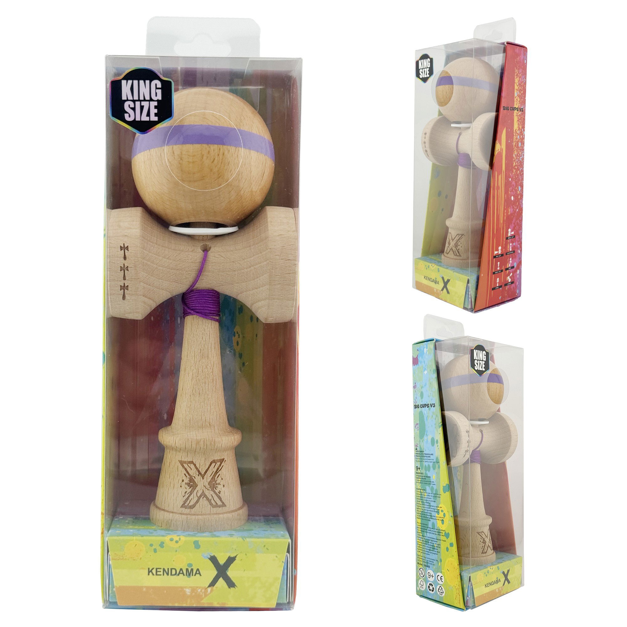 Kendama X Originala, Profesionala, Flippy, Super Sticky, Cupe Mari KING SIZE V3, Gaura in Baza, Rulment Metalic, din lemn 18 cm, Ata 62/65 cm, Original Mov [6]