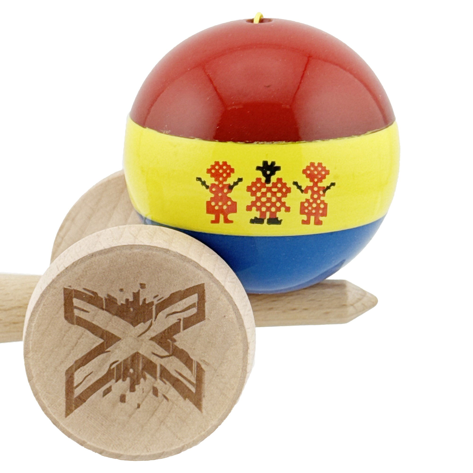 Kendama X Originala, Profesionala, Flippy, Tricolor Edition Stil Romanesc, Super Sticky cu Cupe Mari KING SIZE V3, Rulment Metalic si Gaura in Baza, din Lemn 18 cm, Ata 62/65 cm, Multicolor [9]