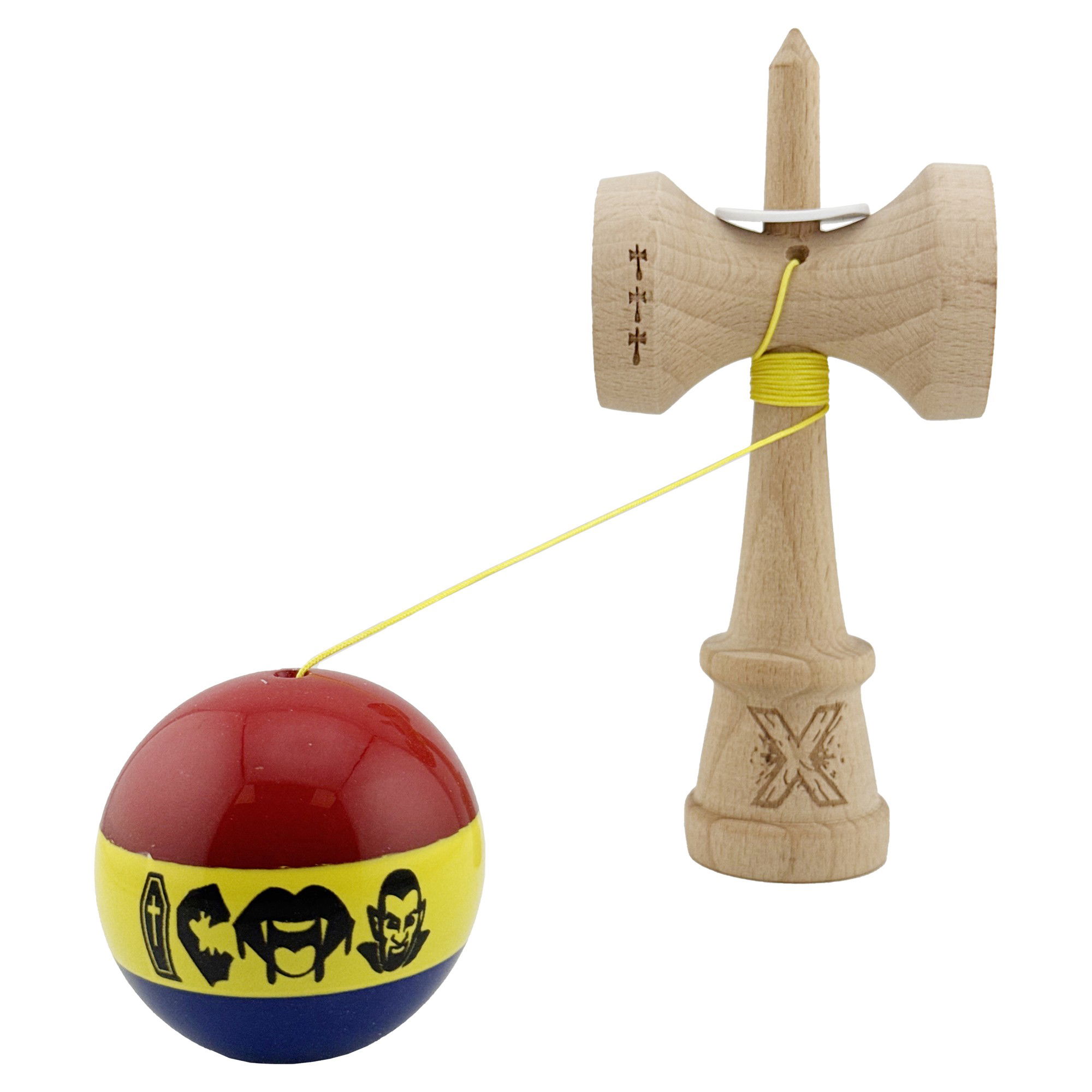 Kendama X Originala, Profesionala, Flippy, Tricolor Edition Vampir Dracula, Super Sticky cu Cupe Mari KING SIZE V3, Rulment Metalic si Gaura in Baza, din Lemn 18 cm, Ata 62/65 cm, Multicolor [4]