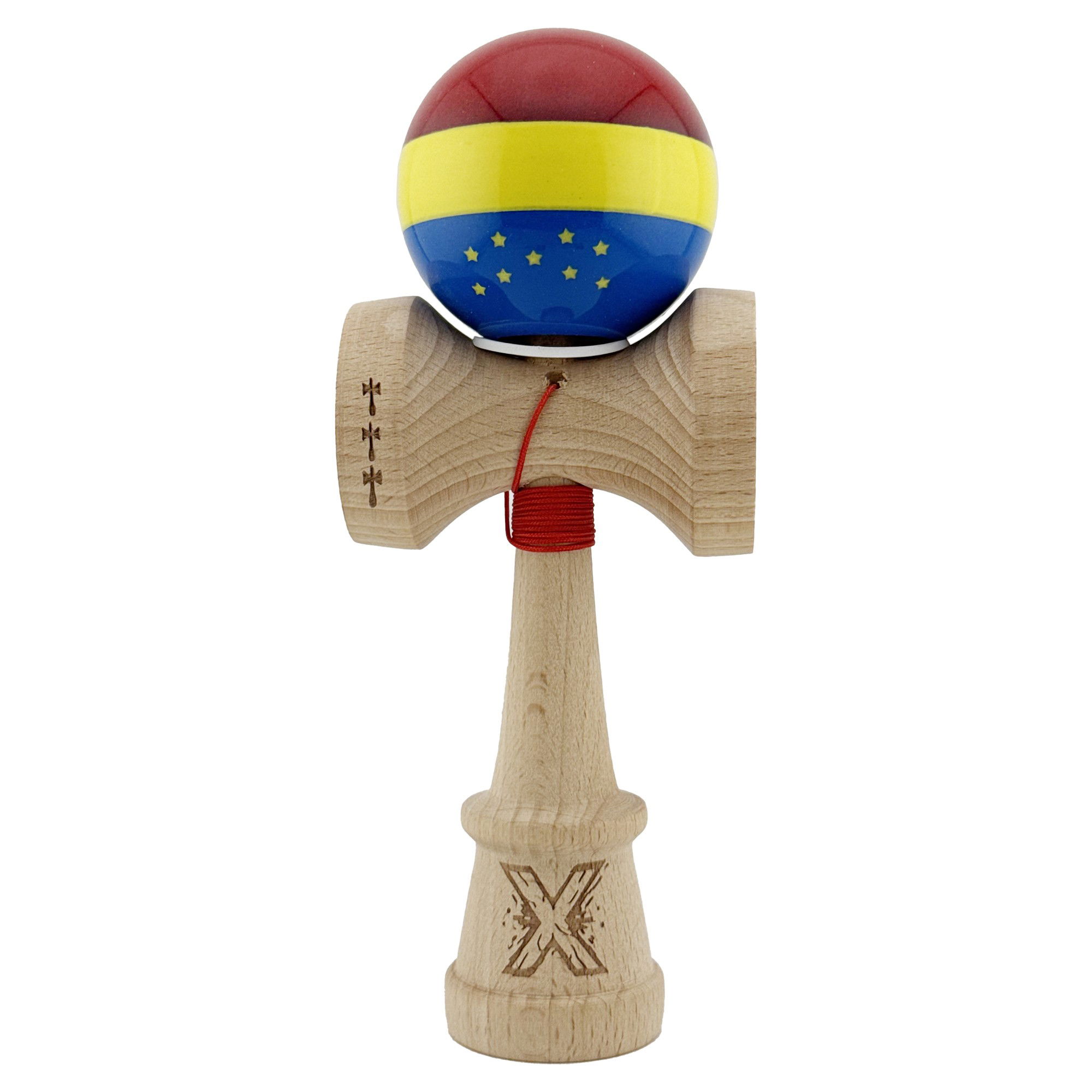 Kendama Legendary V3 King Size - Kendama X Originala, Profesionala, Flippy, Tricolor Edition cu Stele, Super Sticky cu Cupe Mari KING SIZE V3, Rulment Metalic si Gaura in Baza, din Lemn 18 cm, Ata 62/65 cm, Multicolor