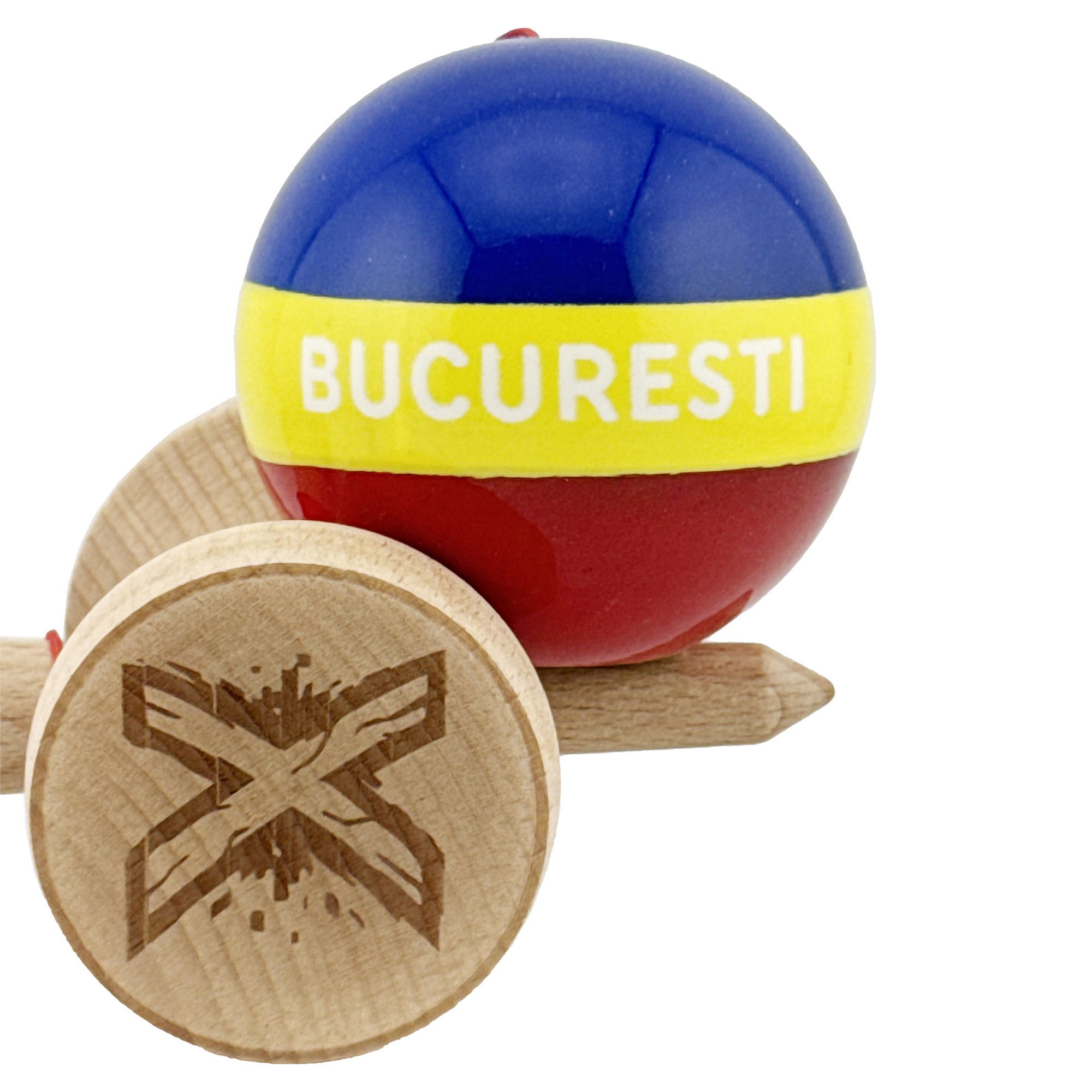 Kendama X Originala, Profesionala, Flippy, Tricolor Edition BUCURESTI, Super Sticky cu Cupe Mari KING SIZE V3, Rulment Metalic si Gaura in Baza, din Lemn 18 cm, Ata 62/65 cm, Multicolor [9]