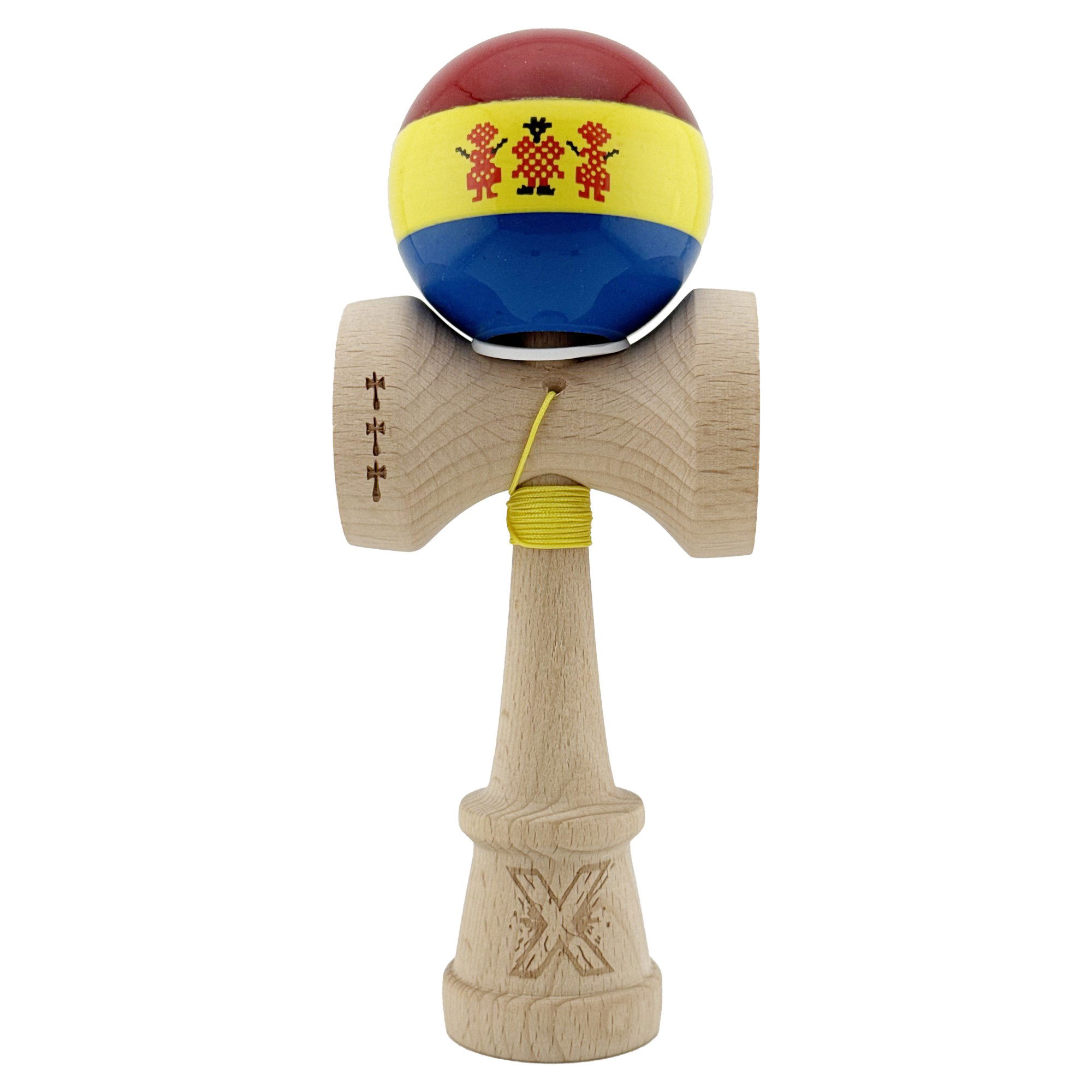 Kendama Legendary V3 King Size - Kendama X Originala, Profesionala, Flippy, Tricolor Edition Stil Romanesc, Super Sticky cu Cupe Mari KING SIZE V3, Rulment Metalic si Gaura in Baza, din Lemn 18 cm, Ata 62/65 cm, Multicolor