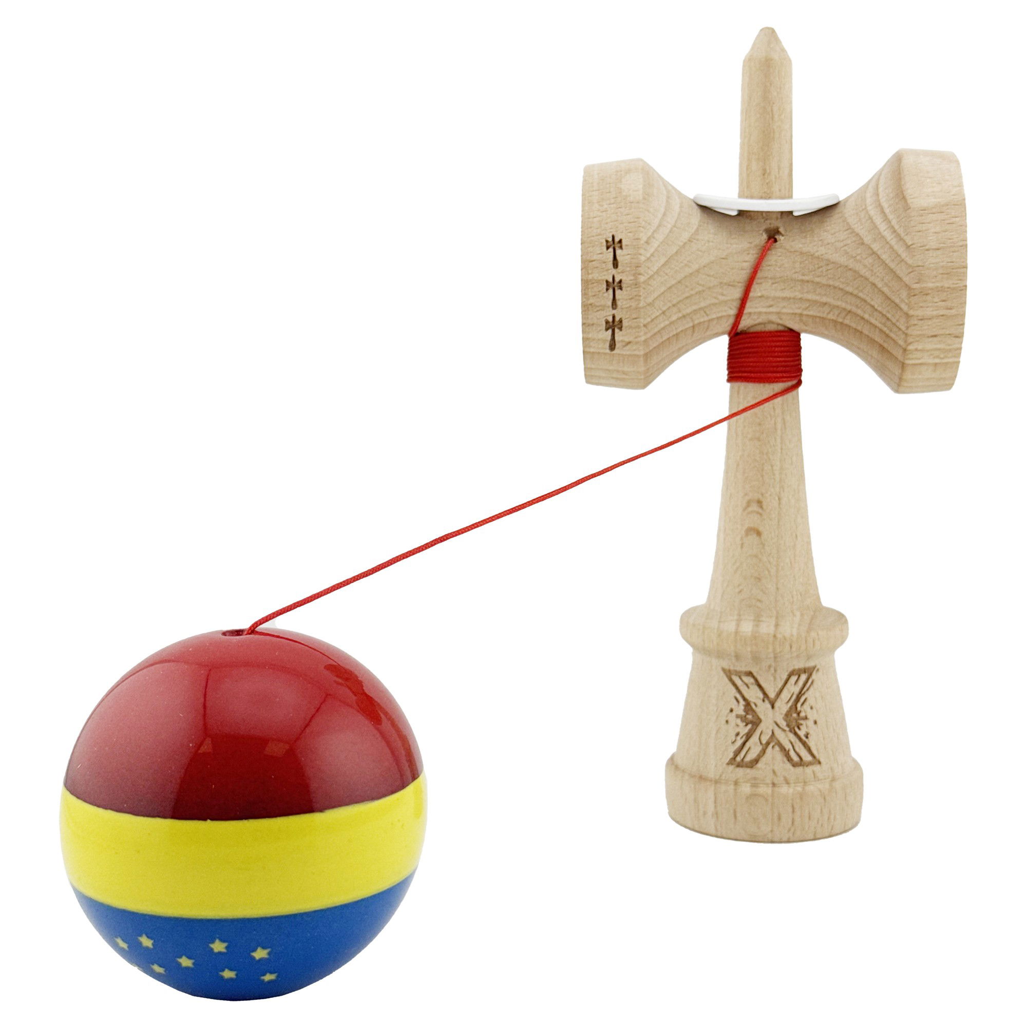 Kendama X Originala, Profesionala, Flippy, Tricolor Edition cu Stele, Super Sticky cu Cupe Mari KING SIZE V3, Rulment Metalic si Gaura in Baza, din Lemn 18 cm, Ata 62/65 cm, Multicolor [4]