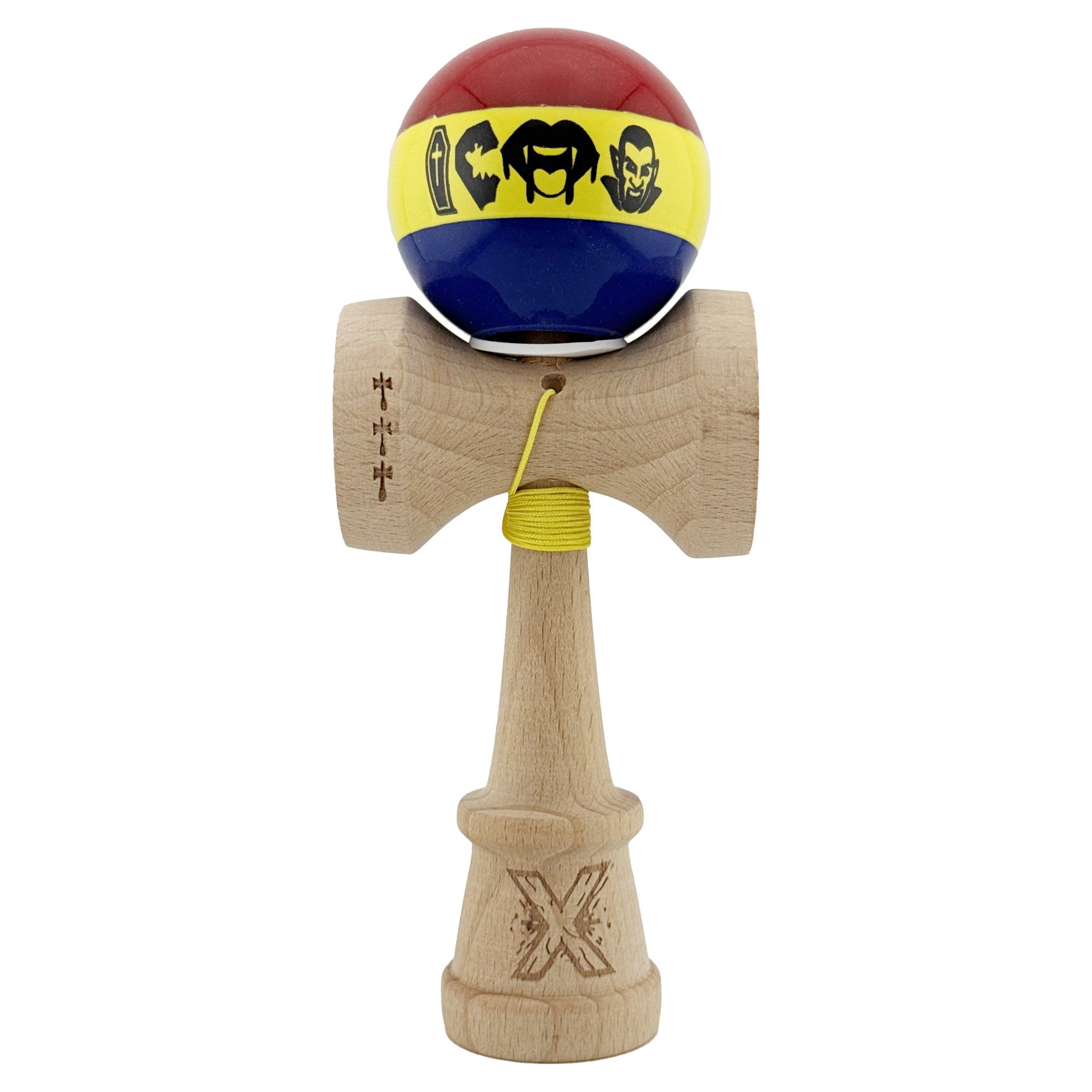 Kendama Legendary V3 King Size - Kendama X Originala, Profesionala, Flippy, Tricolor Edition Vampir Dracula, Super Sticky cu Cupe Mari KING SIZE V3, Rulment Metalic si Gaura in Baza, din Lemn 18 cm, Ata 62/65 cm, Multicolor