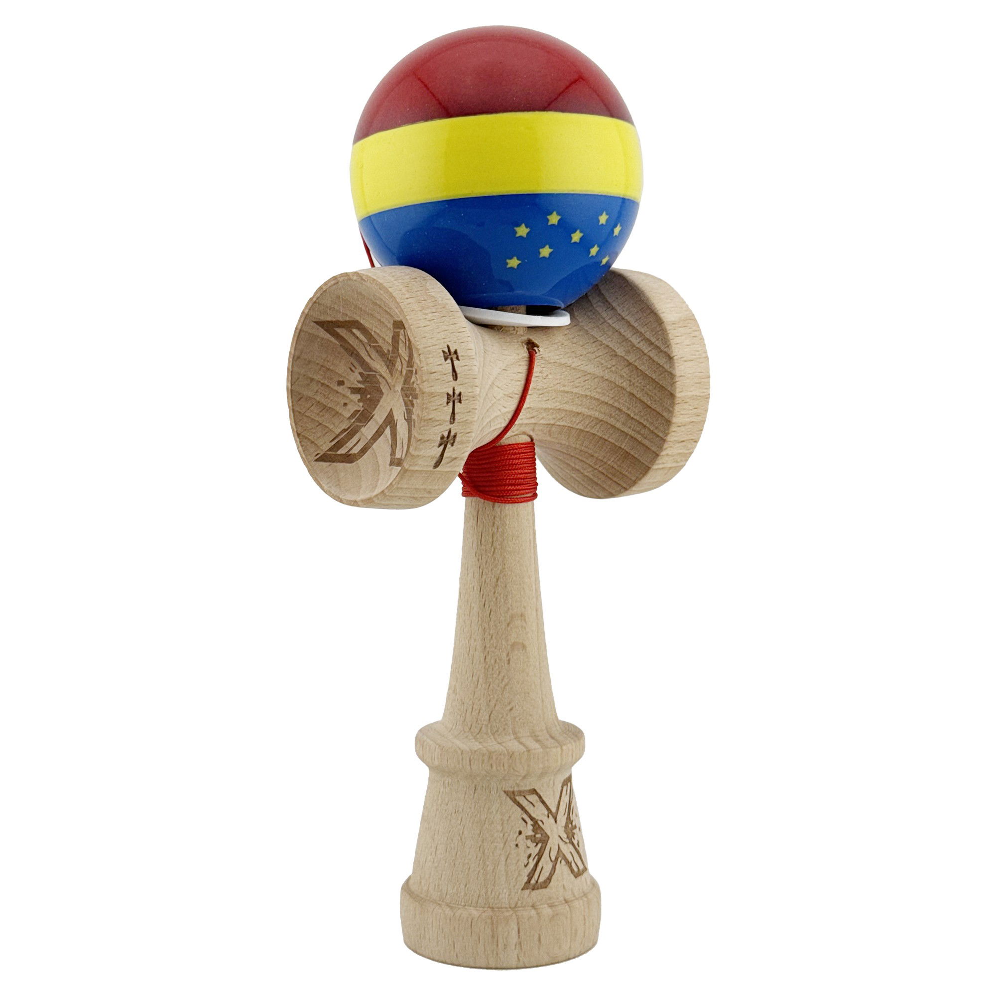 Kendama Legendary V3 King Size - Kendama X Originala, Profesionala, Flippy, Tricolor Edition cu Stele, Super Sticky cu Cupe Mari KING SIZE V3, Rulment Metalic si Gaura in Baza, din Lemn 18 cm, Ata 62/65 cm, Multicolor