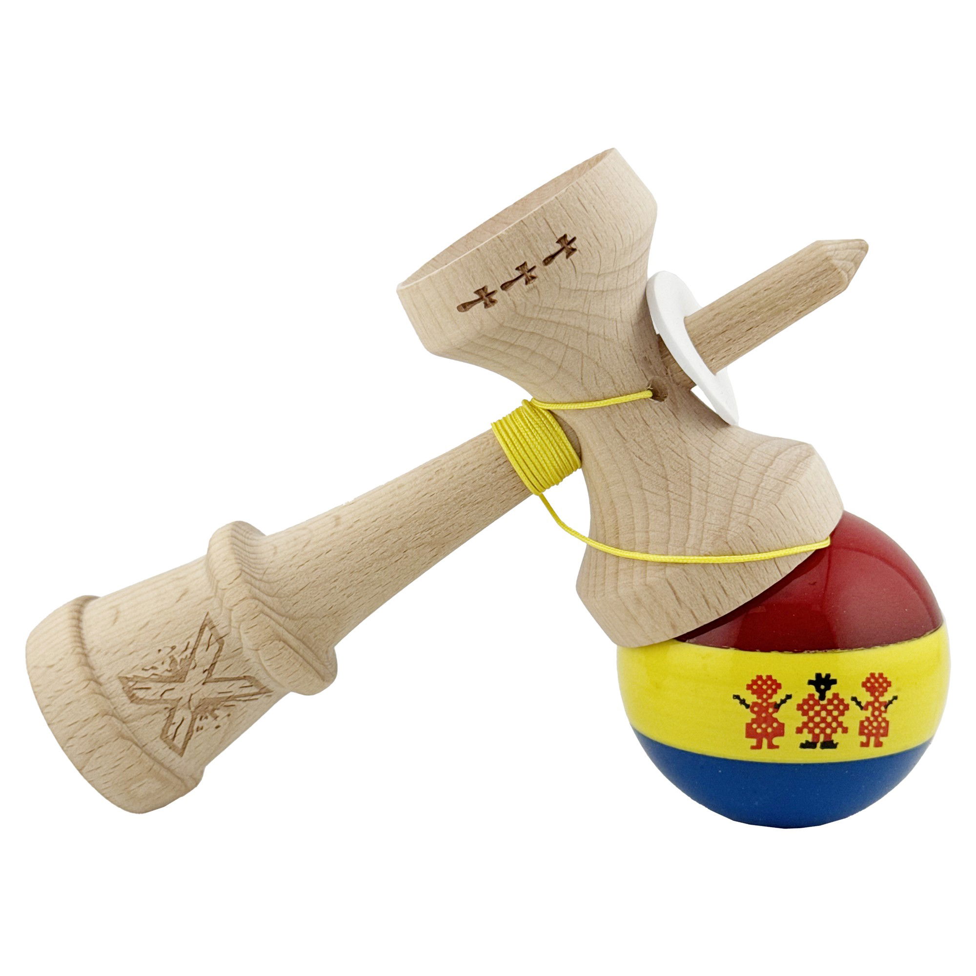 Kendama X Originala, Profesionala, Flippy, Tricolor Edition Stil Romanesc, Super Sticky cu Cupe Mari KING SIZE V3, Rulment Metalic si Gaura in Baza, din Lemn 18 cm, Ata 62/65 cm, Multicolor [6]