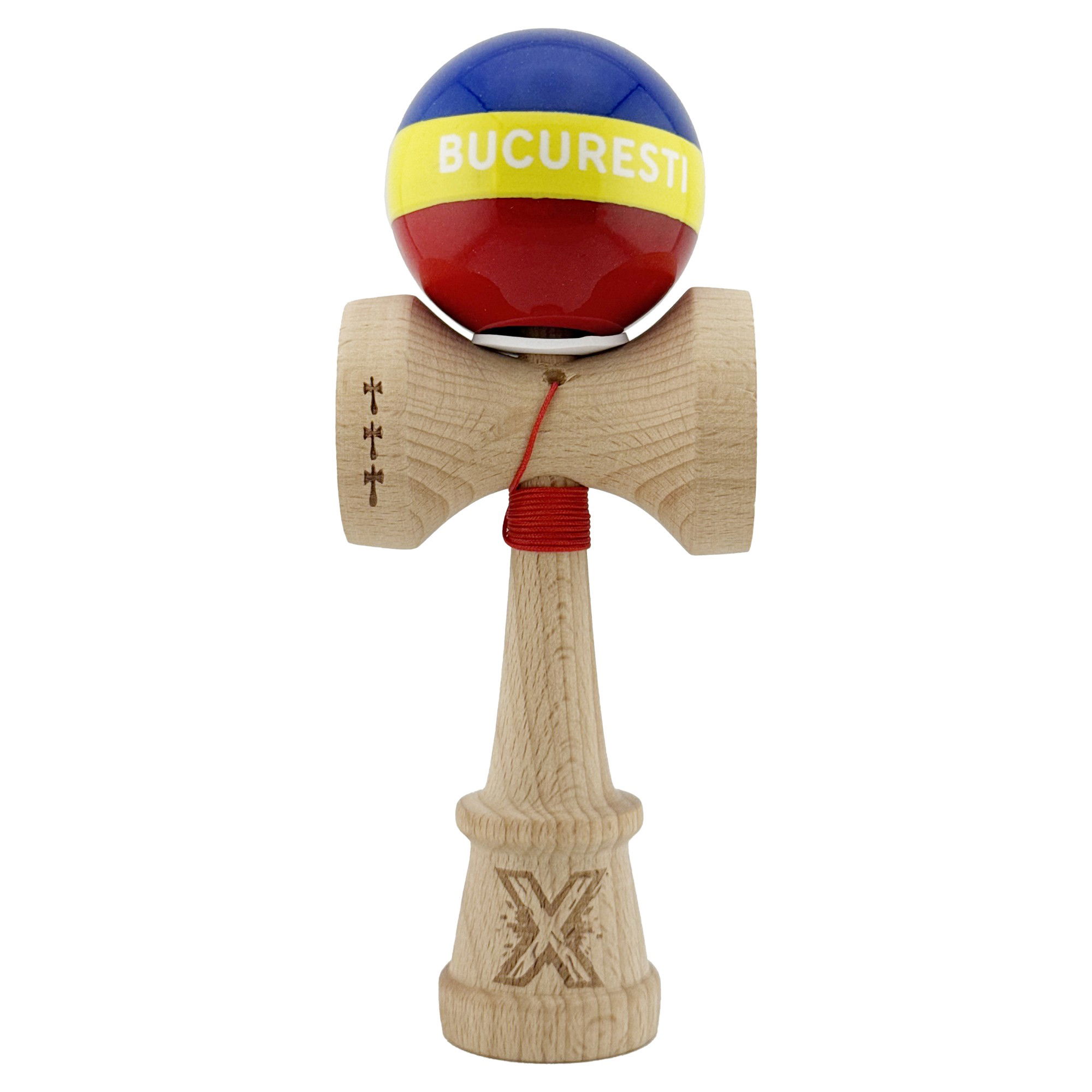 Kendama Legendary V3 King Size - Kendama X Originala, Profesionala, Flippy, Tricolor Edition BUCURESTI, Super Sticky cu Cupe Mari KING SIZE V3, Rulment Metalic si Gaura in Baza, din Lemn 18 cm, Ata 62/65 cm, Multicolor