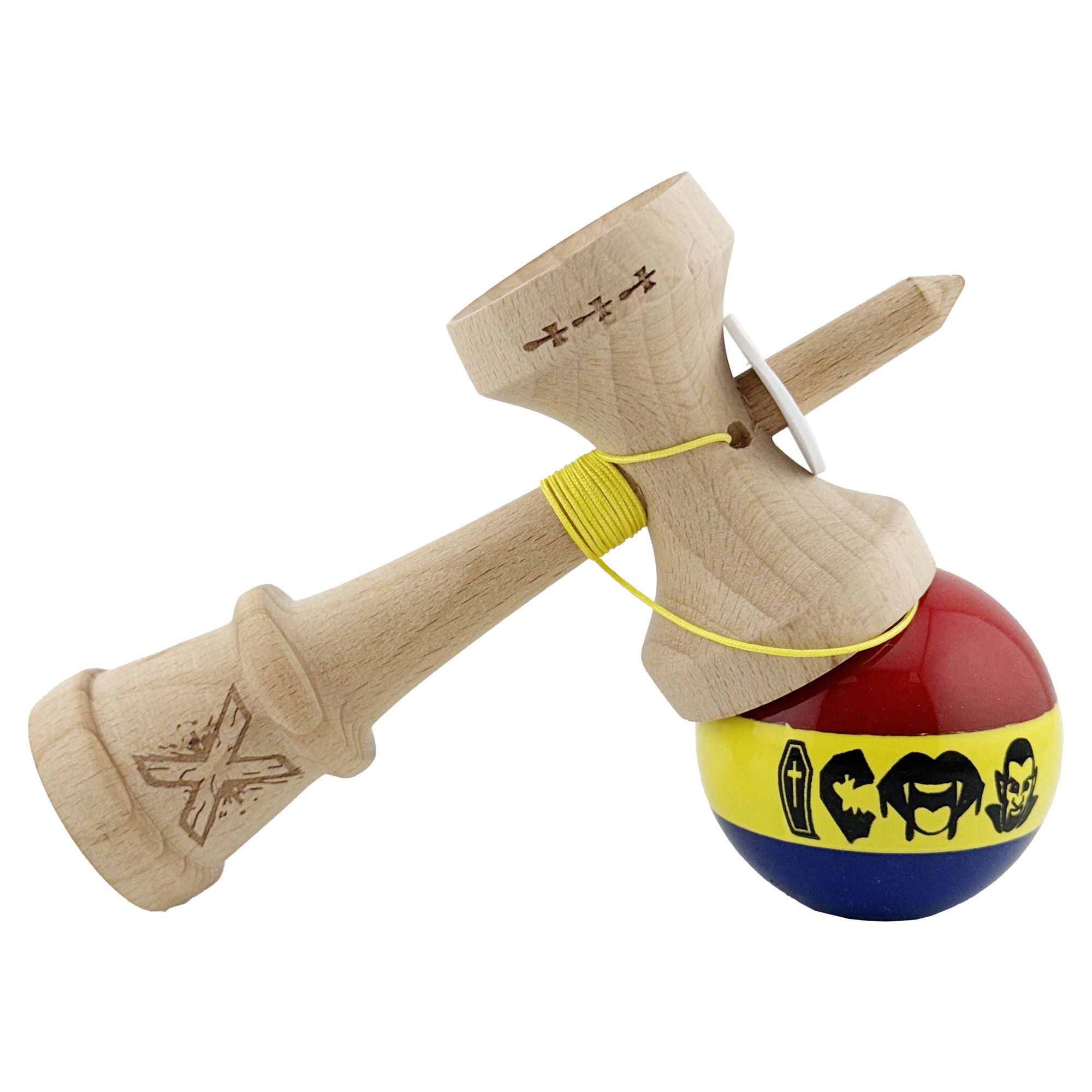 Kendama X Originala, Profesionala, Flippy, Tricolor Edition Vampir Dracula, Super Sticky cu Cupe Mari KING SIZE V3, Rulment Metalic si Gaura in Baza, din Lemn 18 cm, Ata 62/65 cm, Multicolor [6]