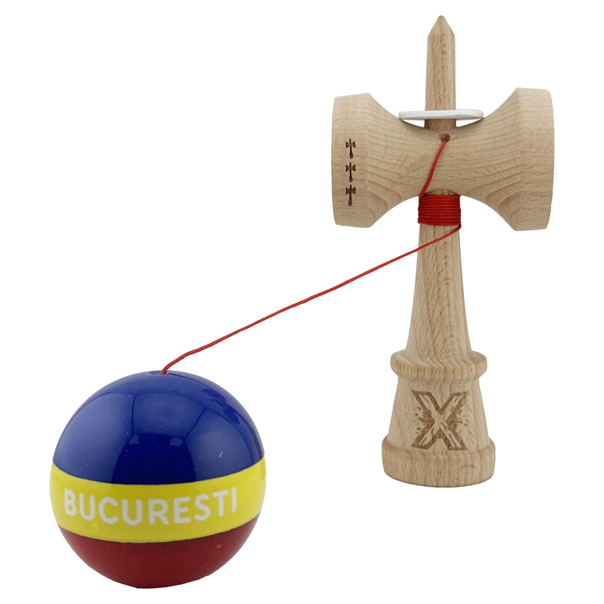 Kendama X Originala, Profesionala, Flippy, Tricolor Edition BUCURESTI, Super Sticky cu Cupe Mari KING SIZE V3, Rulment Metalic si Gaura in Baza, din Lemn 18 cm, Ata 62/65 cm, Multicolor [4]