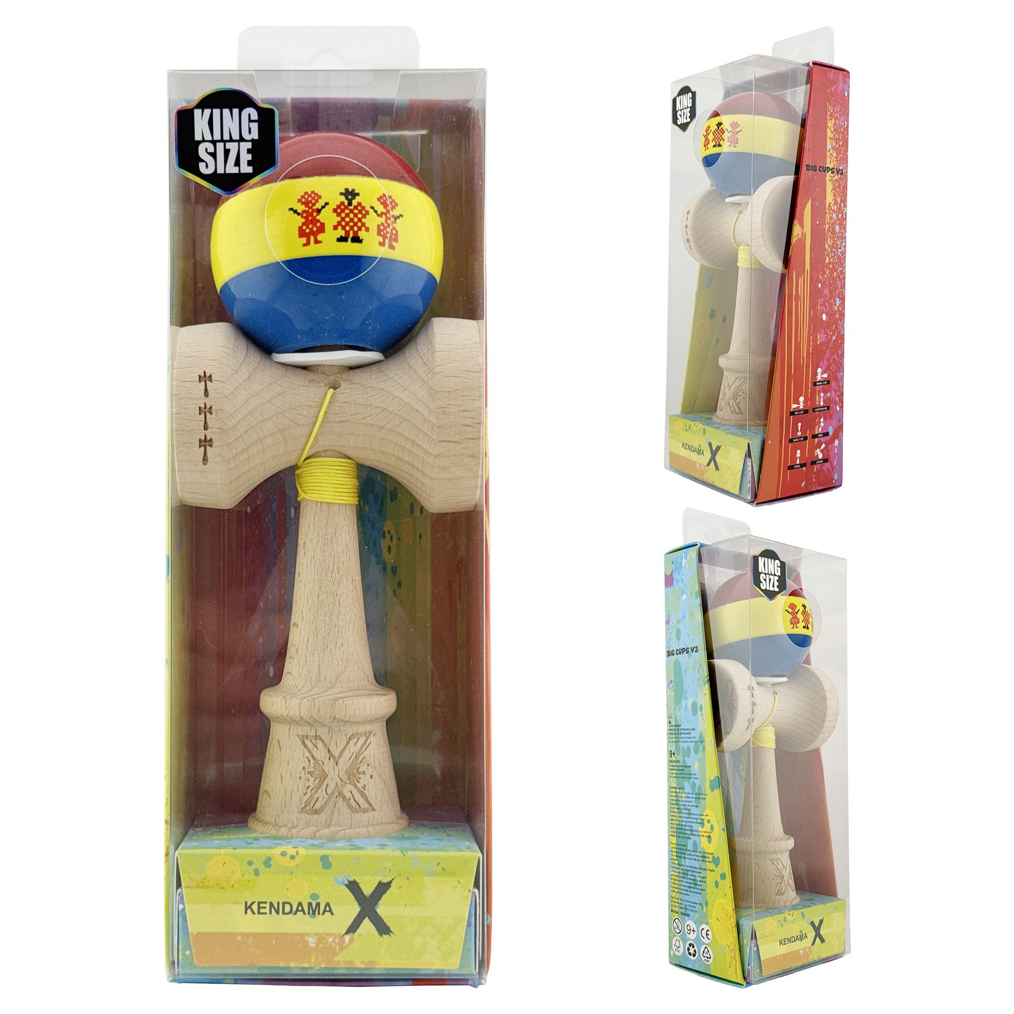 Kendama X Originala, Profesionala, Flippy, Tricolor Edition Stil Romanesc, Super Sticky cu Cupe Mari KING SIZE V3, Rulment Metalic si Gaura in Baza, din Lemn 18 cm, Ata 62/65 cm, Multicolor [5]
