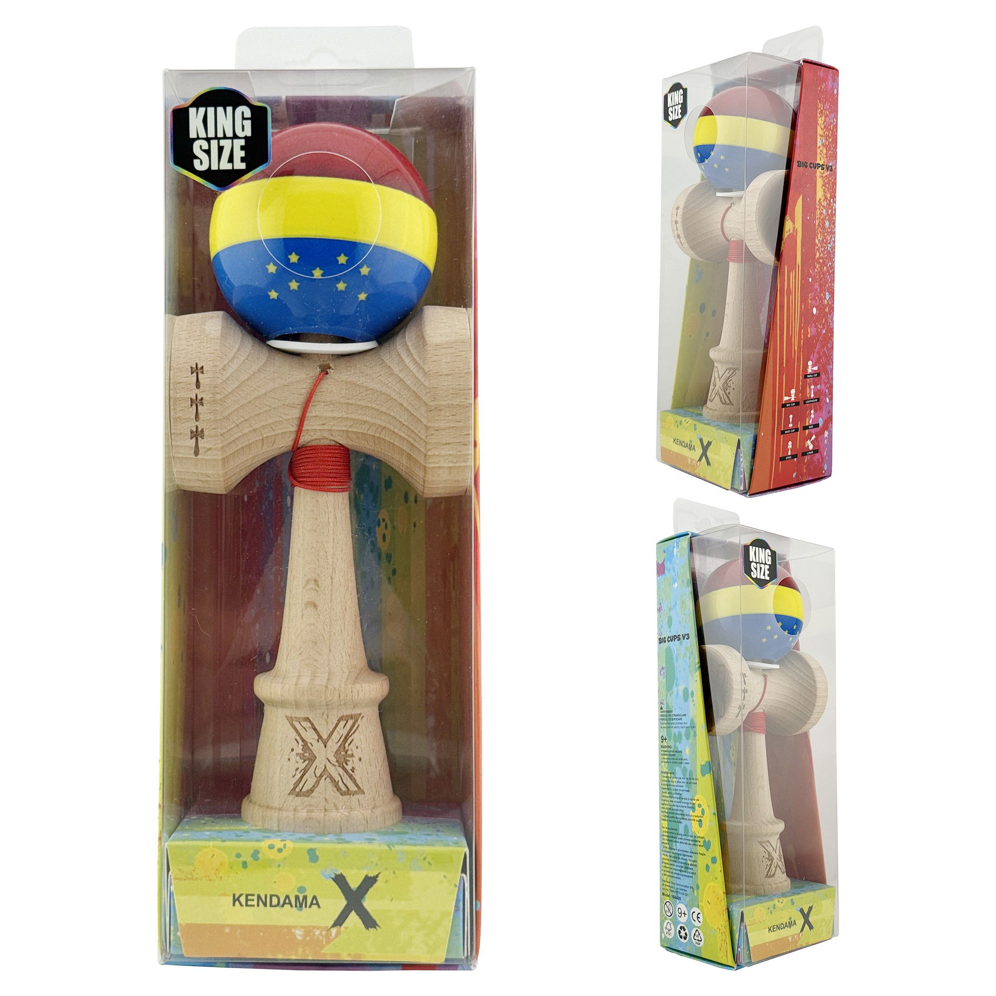 Kendama X Originala, Profesionala, Flippy, Tricolor Edition cu Stele, Super Sticky cu Cupe Mari KING SIZE V3, Rulment Metalic si Gaura in Baza, din Lemn 18 cm, Ata 62/65 cm, Multicolor [5]