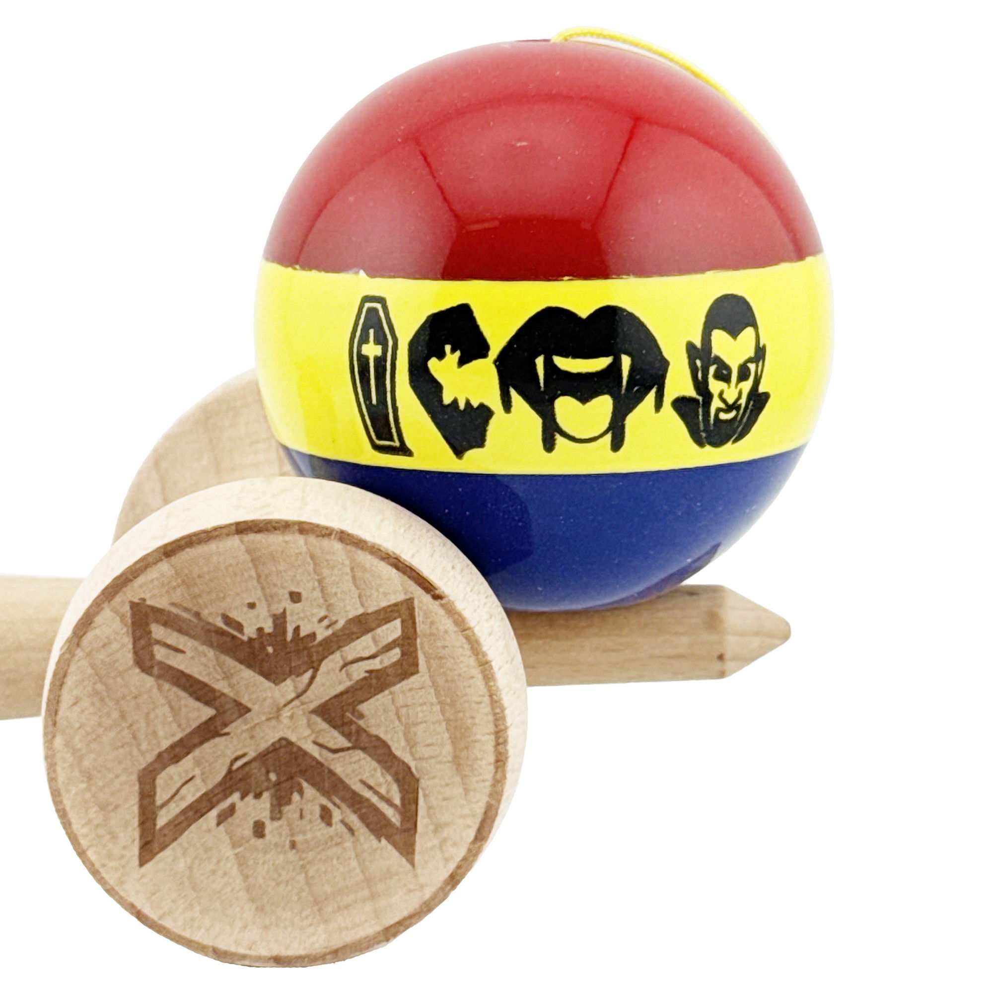 Kendama X Originala, Profesionala, Flippy, Tricolor Edition Vampir Dracula, Super Sticky cu Cupe Mari KING SIZE V3, Rulment Metalic si Gaura in Baza, din Lemn 18 cm, Ata 62/65 cm, Multicolor [9]