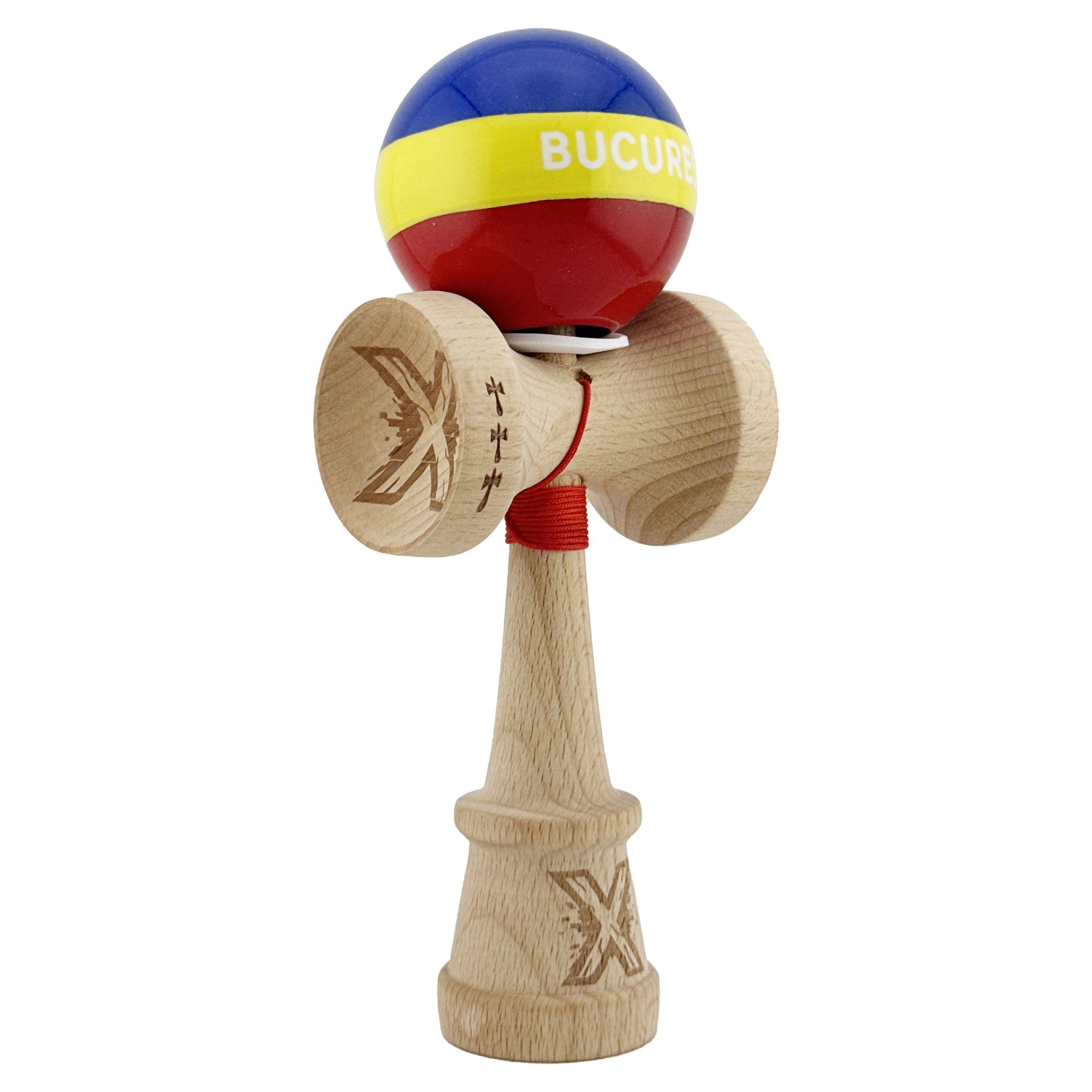 Kendama Legendary V3 King Size - Kendama X Originala, Profesionala, Flippy, Tricolor Edition BUCURESTI, Super Sticky cu Cupe Mari KING SIZE V3, Rulment Metalic si Gaura in Baza, din Lemn 18 cm, Ata 62/65 cm, Multicolor