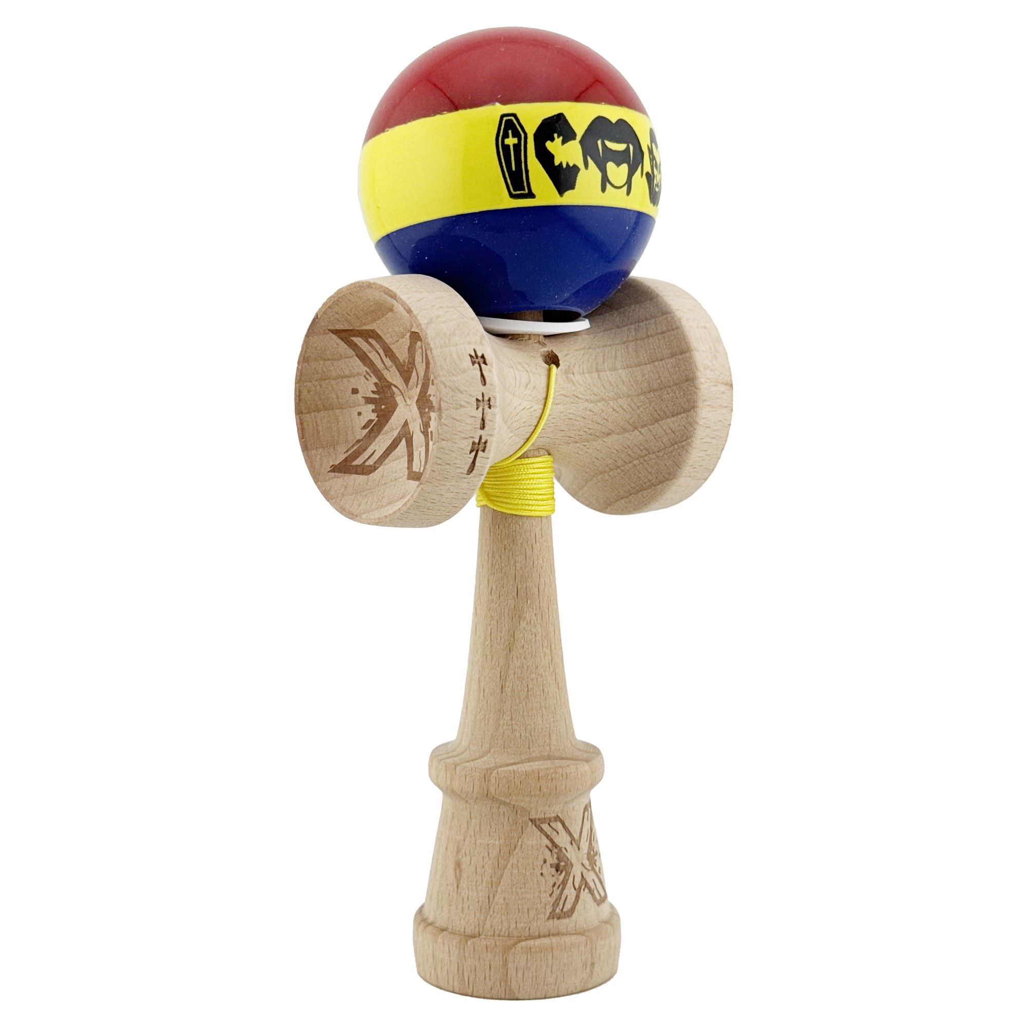 Kendama Legendary V3 King Size - Kendama X Originala, Profesionala, Flippy, Tricolor Edition Vampir Dracula, Super Sticky cu Cupe Mari KING SIZE V3, Rulment Metalic si Gaura in Baza, din Lemn 18 cm, Ata 62/65 cm, Multicolor