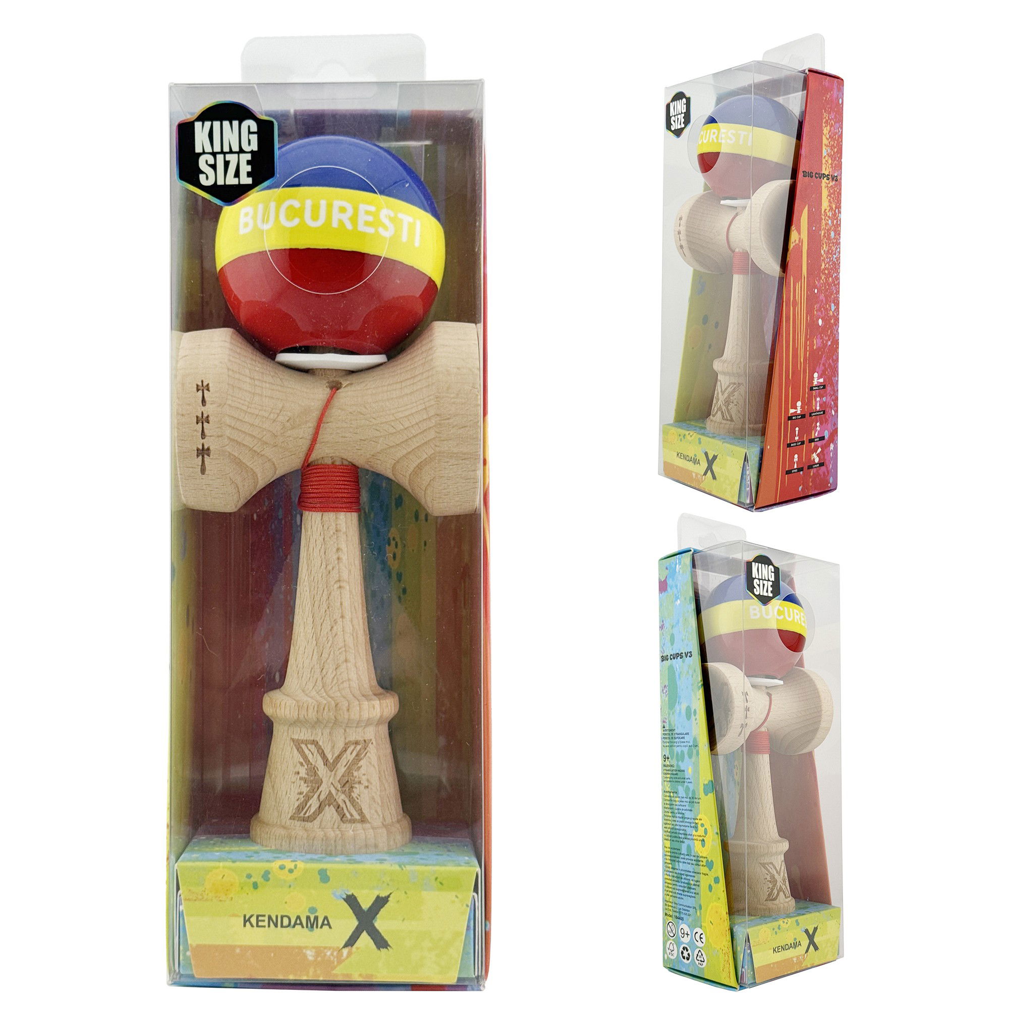 Kendama X Originala, Profesionala, Flippy, Tricolor Edition BUCURESTI, Super Sticky cu Cupe Mari KING SIZE V3, Rulment Metalic si Gaura in Baza, din Lemn 18 cm, Ata 62/65 cm, Multicolor [5]