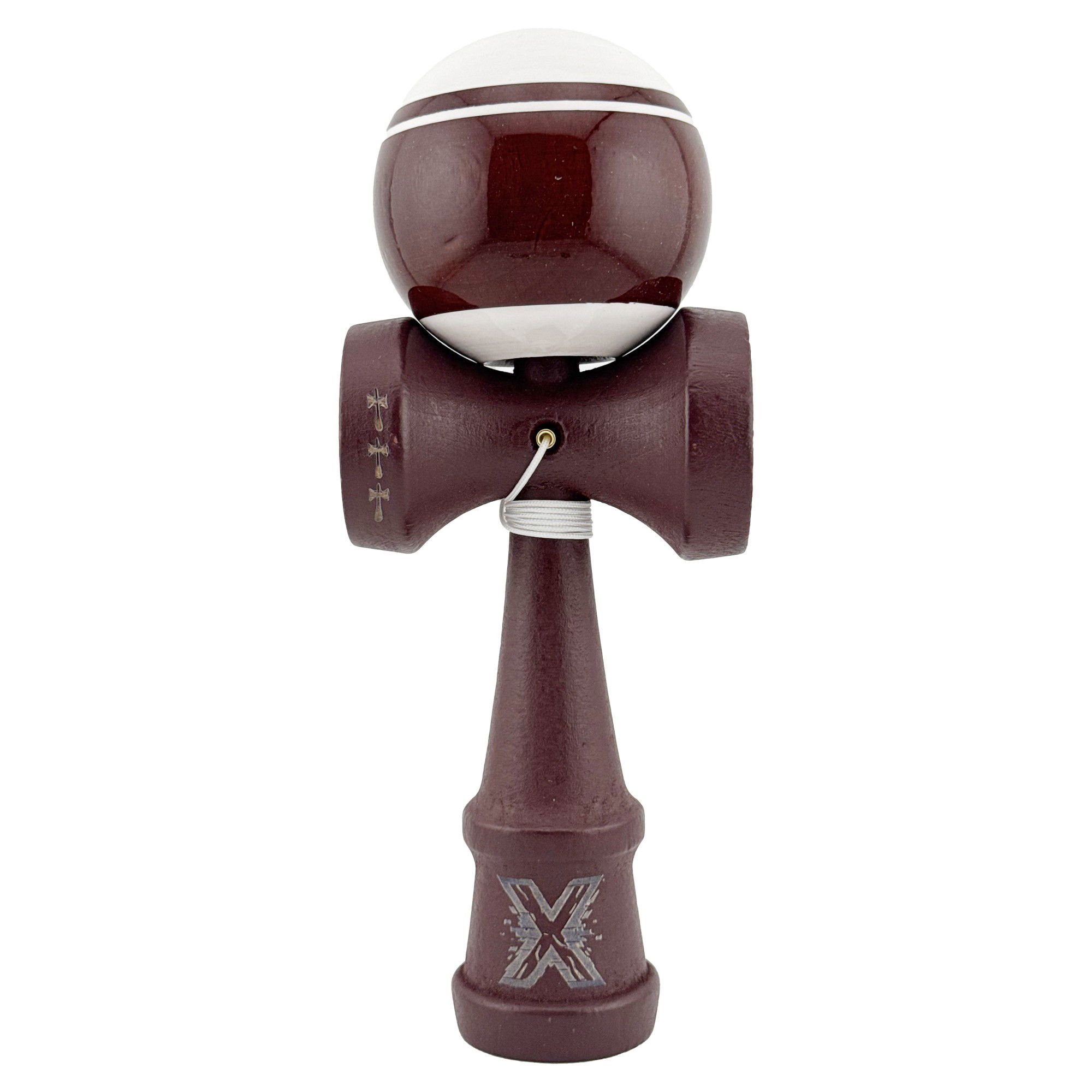 Kendama Legendary - Kendama X Originala, Profesionala, Flippy, Super Sticky Legendary, Rulment Metalic cu Ata 55 cm, Alb/Maro