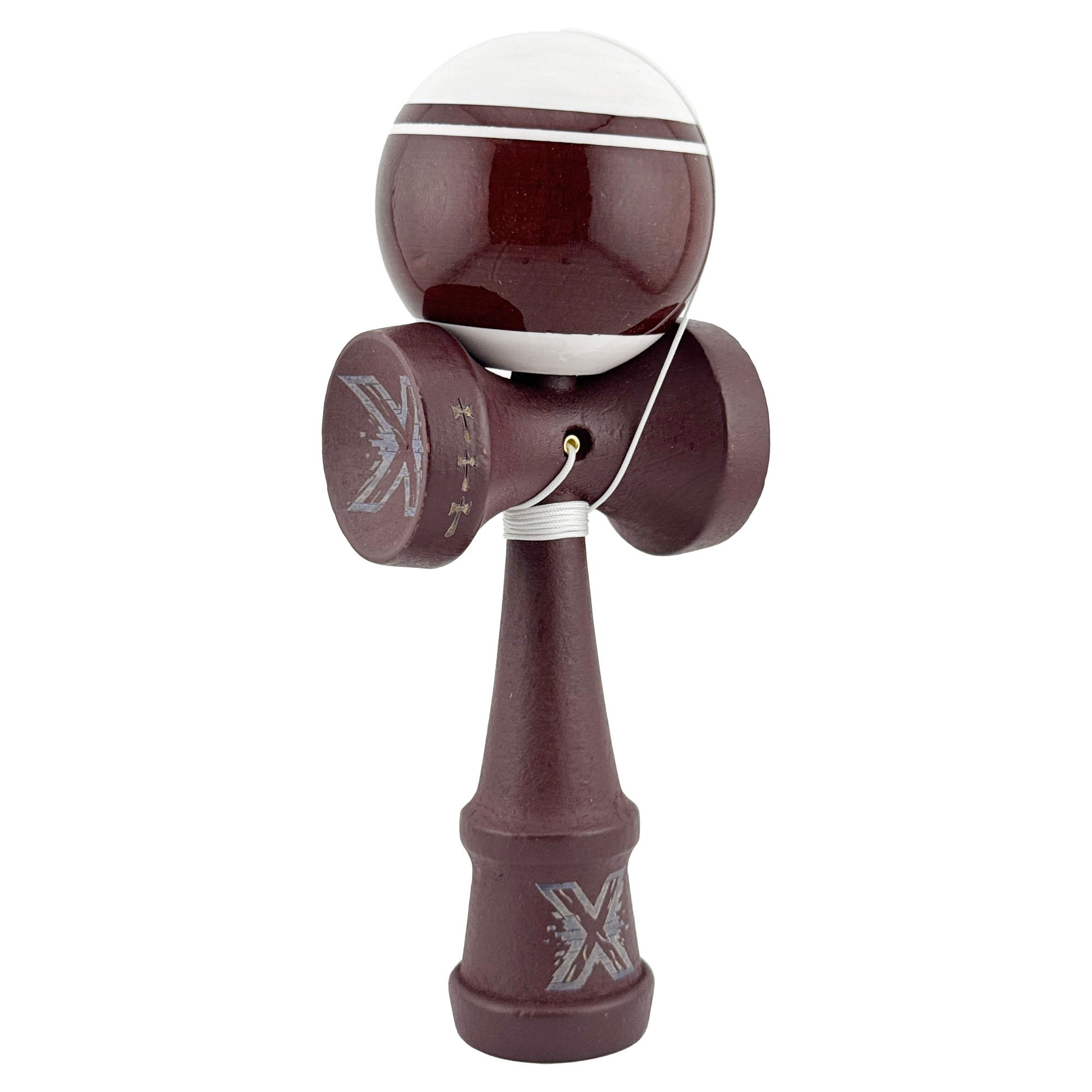 Kendama Legendary - Kendama X Originala, Profesionala, Flippy, Super Sticky Legendary, Rulment Metalic cu Ata 55 cm, Alb/Maro