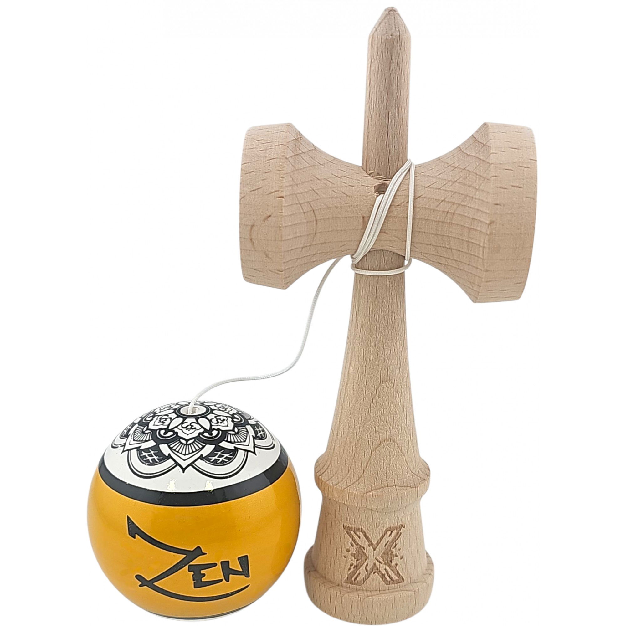 Kendama Legendary - Kendama X Originala, Profesionala, Zen, Flippy, din Lemn, Super Sticky, 18 cm, Auriu/Alb/Negu