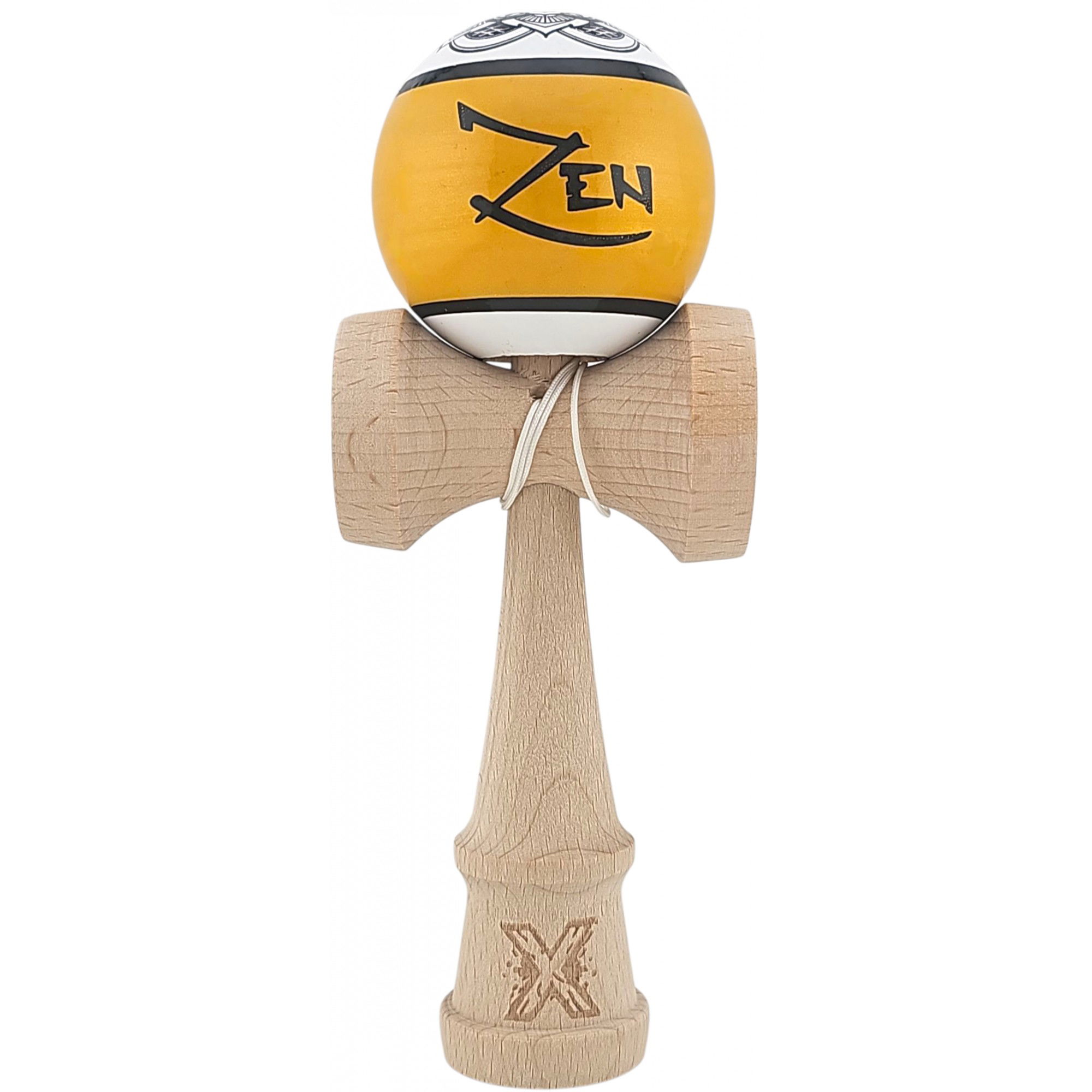 Kendama Legendary - Kendama X Originala, Profesionala, Zen, Flippy, din Lemn, Super Sticky, 18 cm, Auriu/Alb/Negu