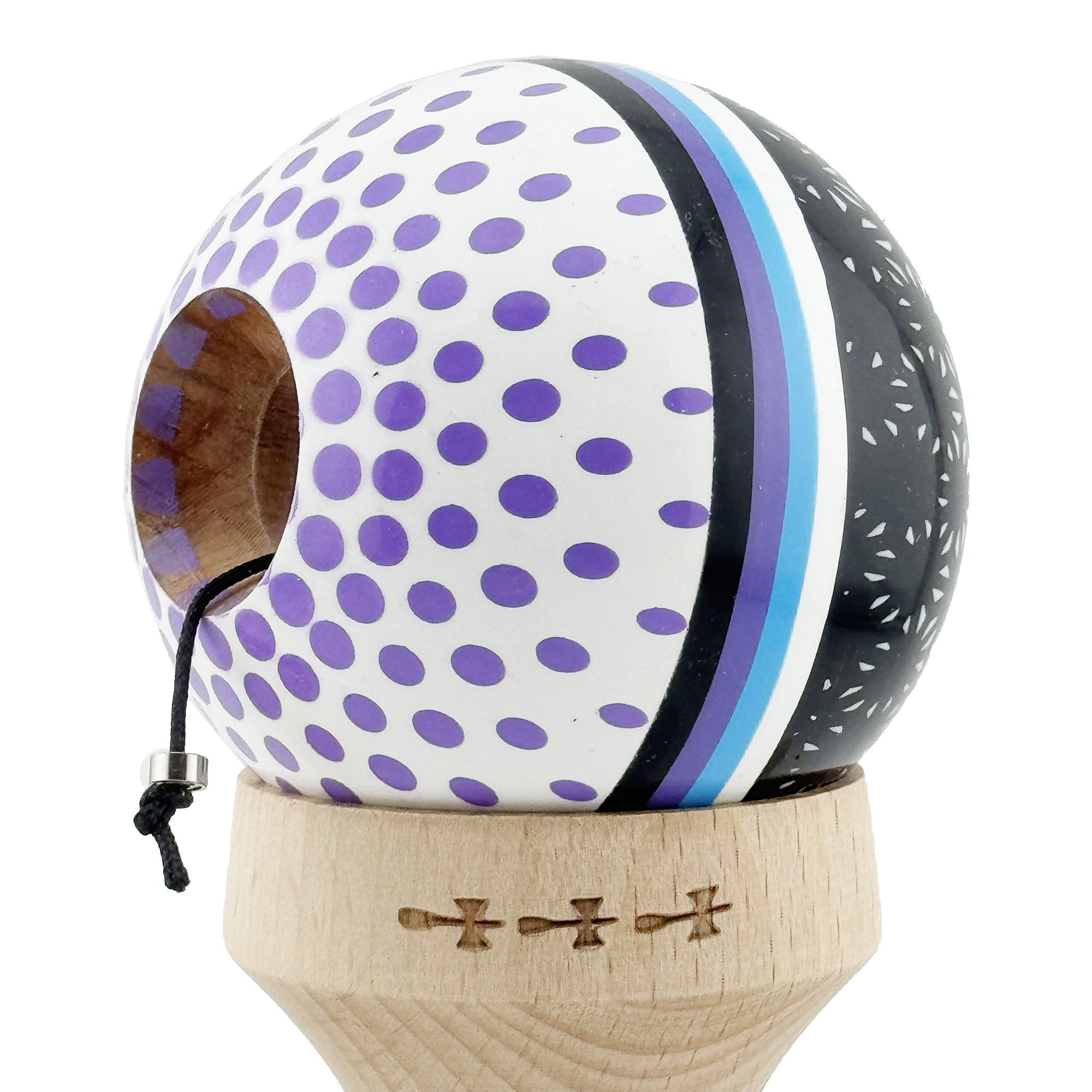 Kendama X Originala, Profesionala, Flippy, RAINDROPS, Super Sticky cu Cupe Mari KING SIZE V3, Gaura in Baza, Rulment Metalic, din lemn 18 cm, Ata 62/65 cm, Alb/Negru/Mov [7]