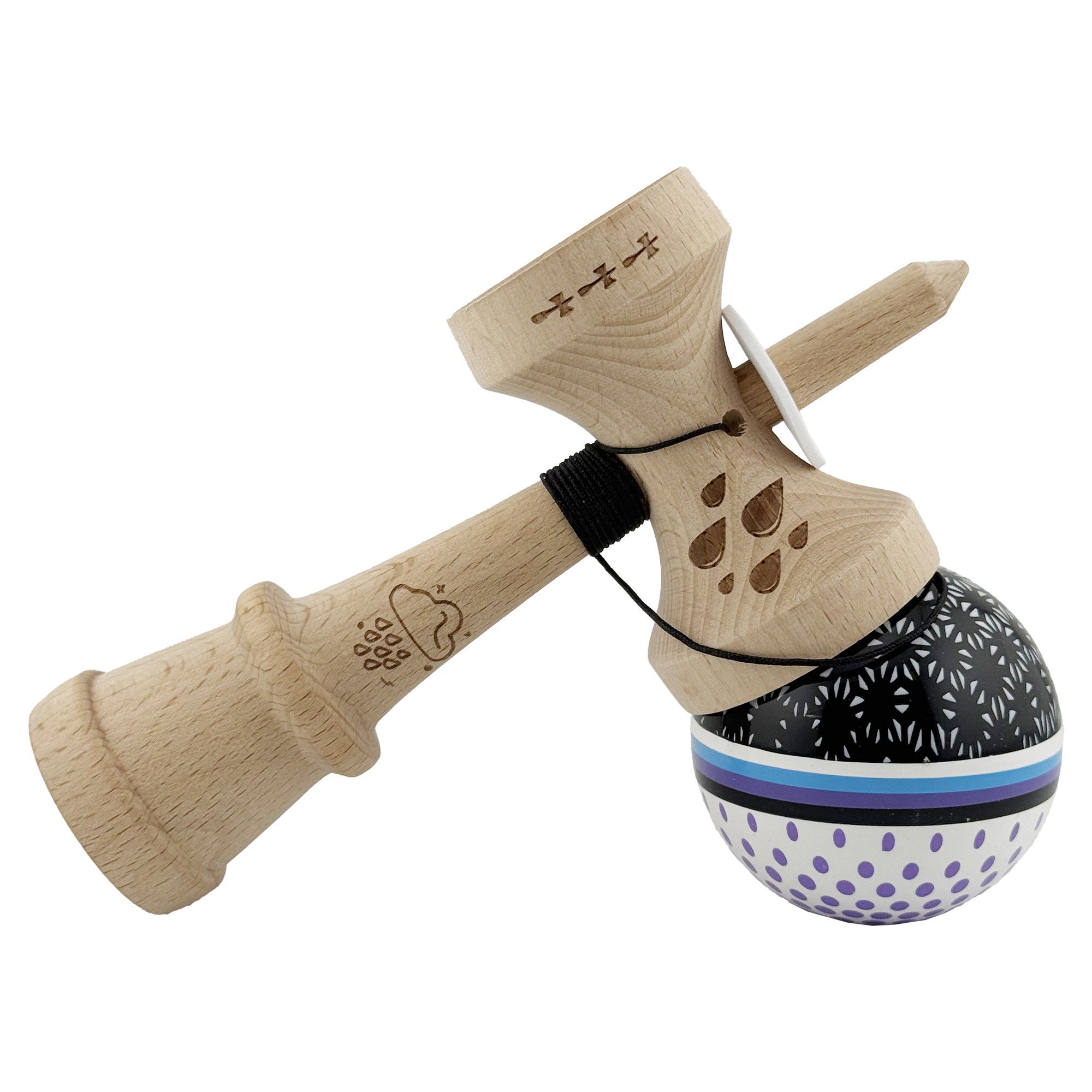 Kendama X Originala, Profesionala, Flippy, RAINDROPS, Super Sticky cu Cupe Mari KING SIZE V3, Gaura in Baza, Rulment Metalic, din lemn 18 cm, Ata 62/65 cm, Alb/Negru/Mov [5]