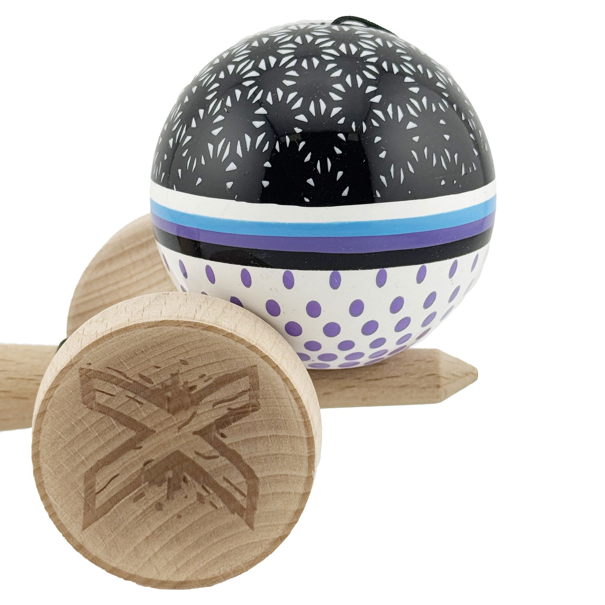 Kendama X Originala, Profesionala, Flippy, RAINDROPS, Super Sticky cu Cupe Mari KING SIZE V3, Gaura in Baza, Rulment Metalic, din lemn 18 cm, Ata 62/65 cm, Alb/Negru/Mov [9]