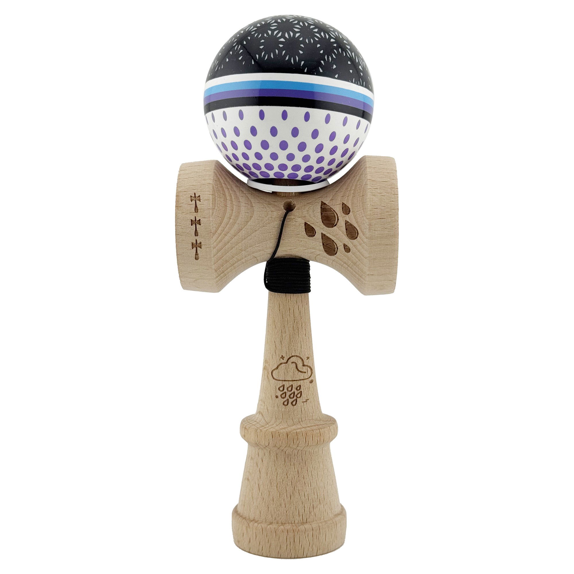 Kendama Super Sticky V3 Cupe Mari - Kendama X Originala, Profesionala, Flippy, RAINDROPS, Super Sticky cu Cupe Mari KING SIZE V3, Gaura in Baza, Rulment Metalic, din lemn 18 cm, Ata 62/65 cm, Alb/Negru/Mov