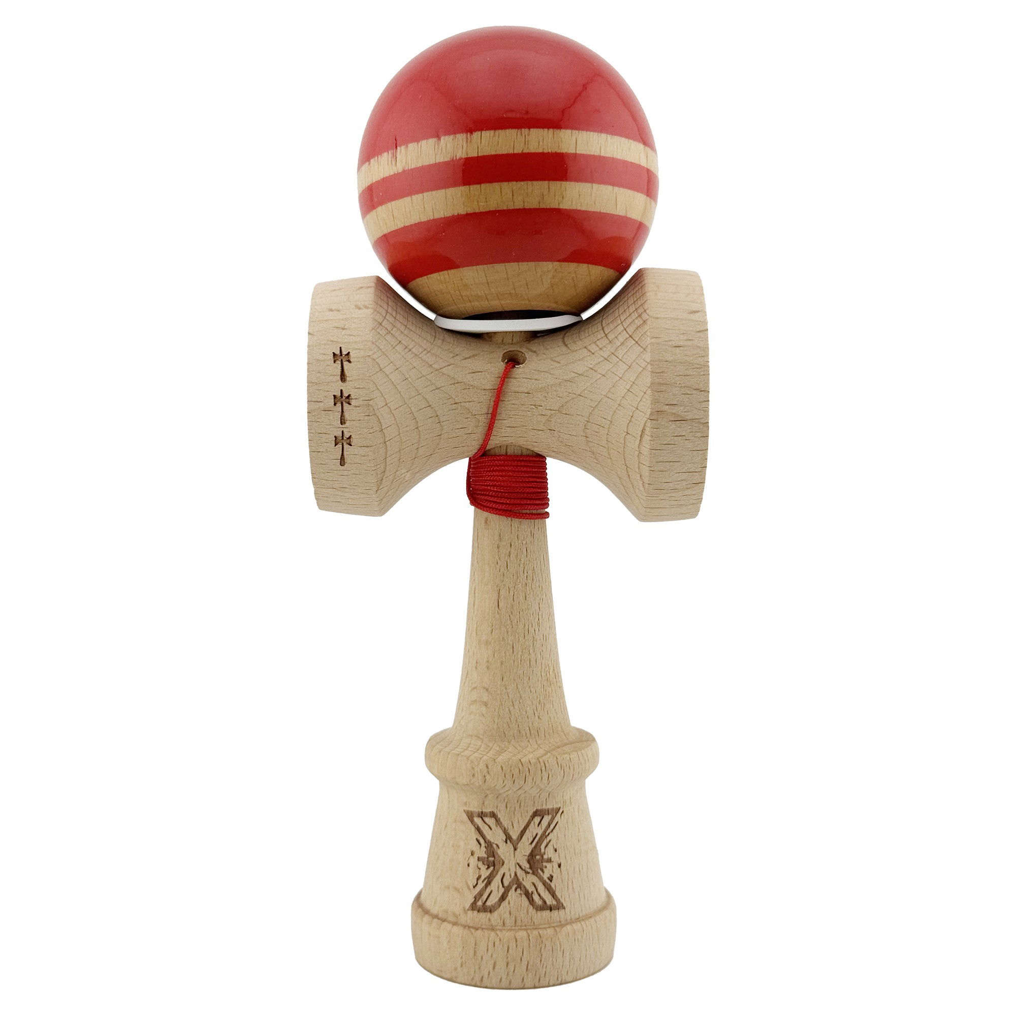 Kendama Rainbow V3 King Size - Kendama X Originala RAINBOW, Profesionala, Flippy, Cupe Mari KING SIZE V3, Super Sticky, Gaura in Baza, Rulment Metalic, din lemn 18 cm, Ata 62/65 cm, Rosu/Maro