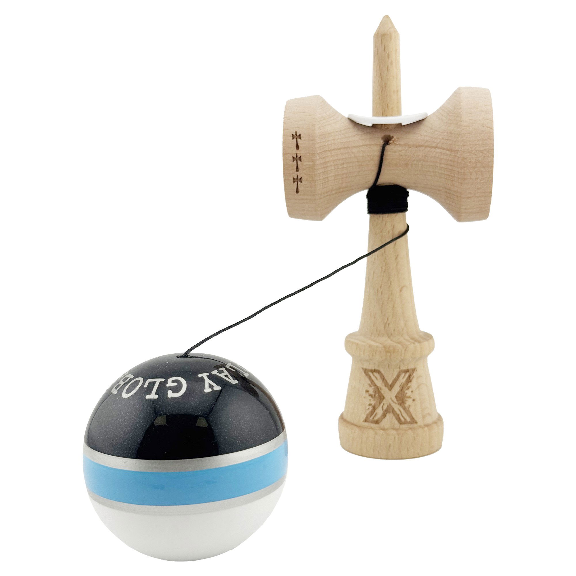 Kendama X Originala ROYAL SPIKE, Profesionala, Flippy, Cupe Mari KING SIZE V3, Super Sticky, Gaura in Baza, Rulment Metalic, din lemn 18 cm, Ata 62/65 cm, Inel Albastru deschis [4]