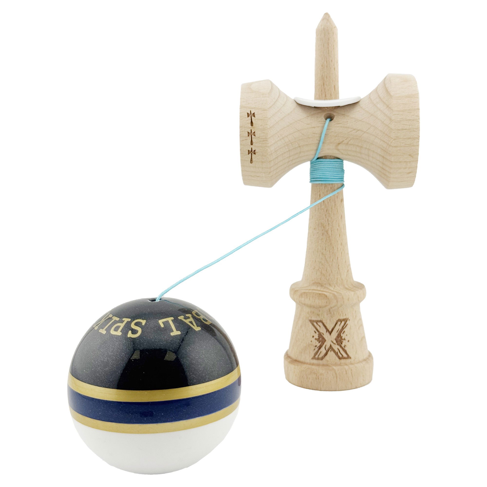 Kendama X Originala ROYAL SPIKE, Profesionala, Flippy, Cupe Mari KING SIZE V3, Super Sticky, Gaura in Baza, Rulment Metalic, din lemn 18 cm, Ata 62/65 cm, Inel Albastru inchis [4]