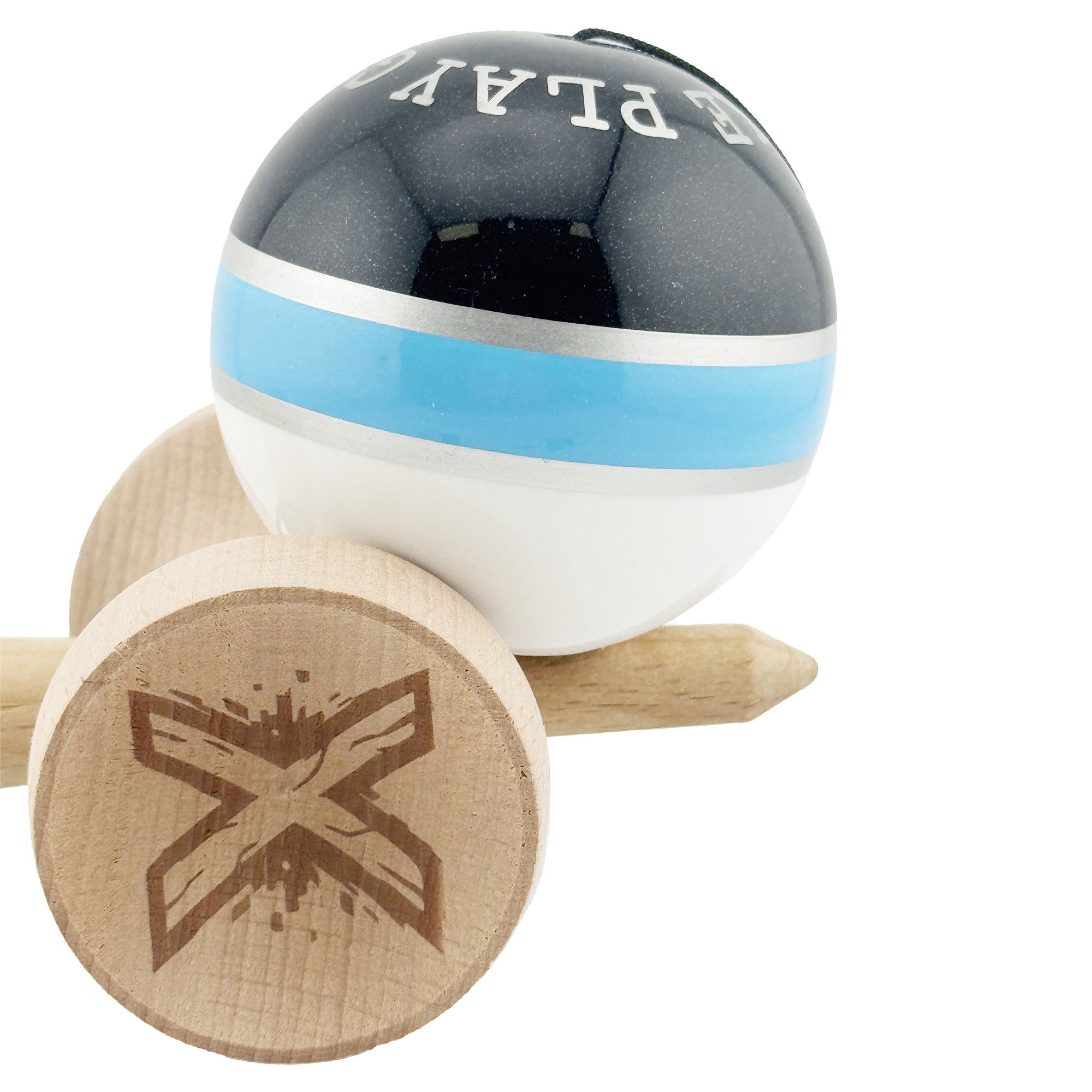Kendama X Originala ROYAL SPIKE, Profesionala, Flippy, Cupe Mari KING SIZE V3, Super Sticky, Gaura in Baza, Rulment Metalic, din lemn 18 cm, Ata 62/65 cm, Inel Albastru deschis [8]