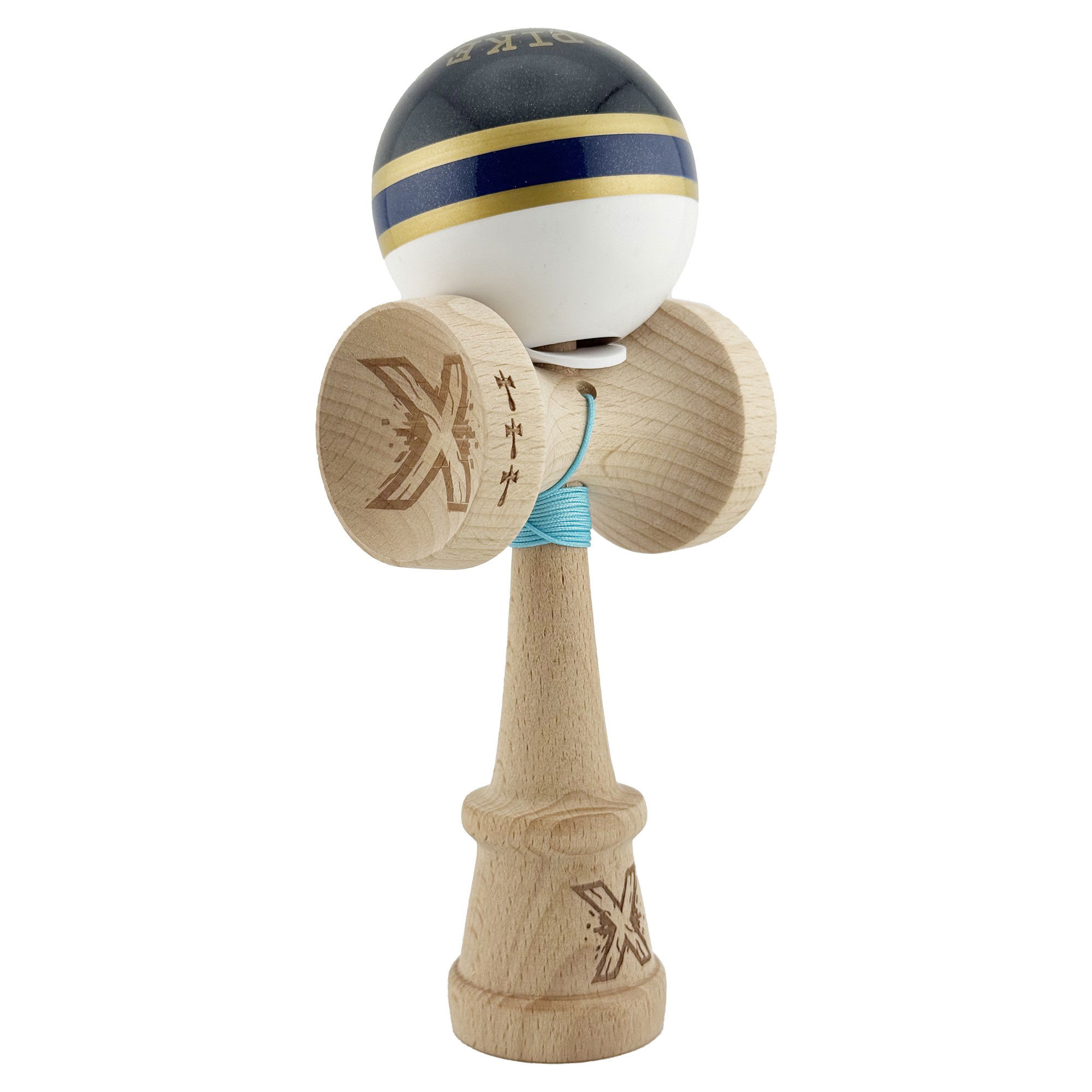 Kendama Royal V3 King Size - Kendama X Originala ROYAL SPIKE, Profesionala, Flippy, Cupe Mari KING SIZE V3, Super Sticky, Gaura in Baza, Rulment Metalic, din lemn 18 cm, Ata 62/65 cm, Inel Albastru inchis