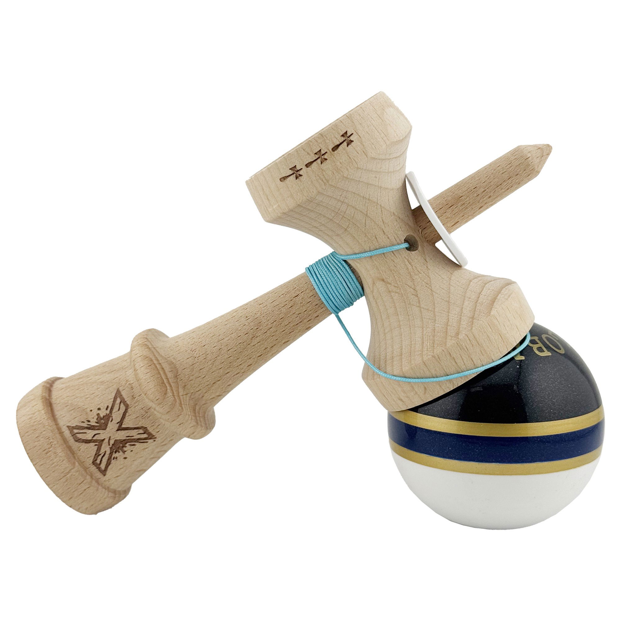 Kendama X Originala ROYAL SPIKE, Profesionala, Flippy, Cupe Mari KING SIZE V3, Super Sticky, Gaura in Baza, Rulment Metalic, din lemn 18 cm, Ata 62/65 cm, Inel Albastru inchis [5]