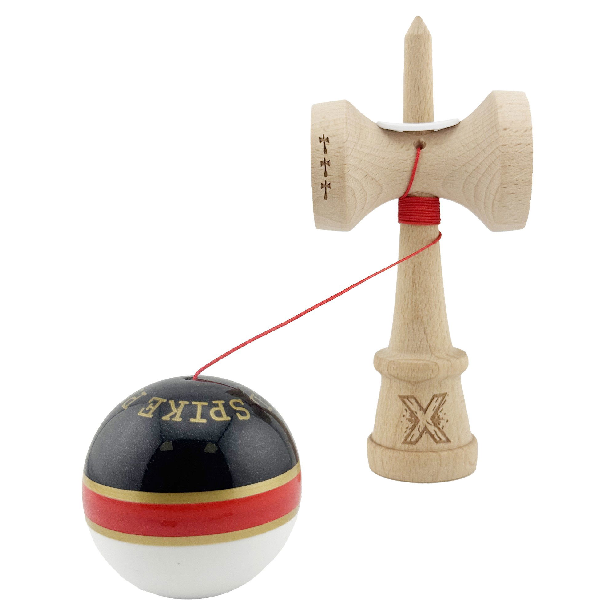 Kendama X Originala ROYAL SPIKE, Profesionala, Flippy, Cupe Mari KING SIZE V3, Super Sticky, Gaura in Baza, Rulment Metalic, din lemn 18 cm, Ata 62/65 cm, Inel Rosu [4]
