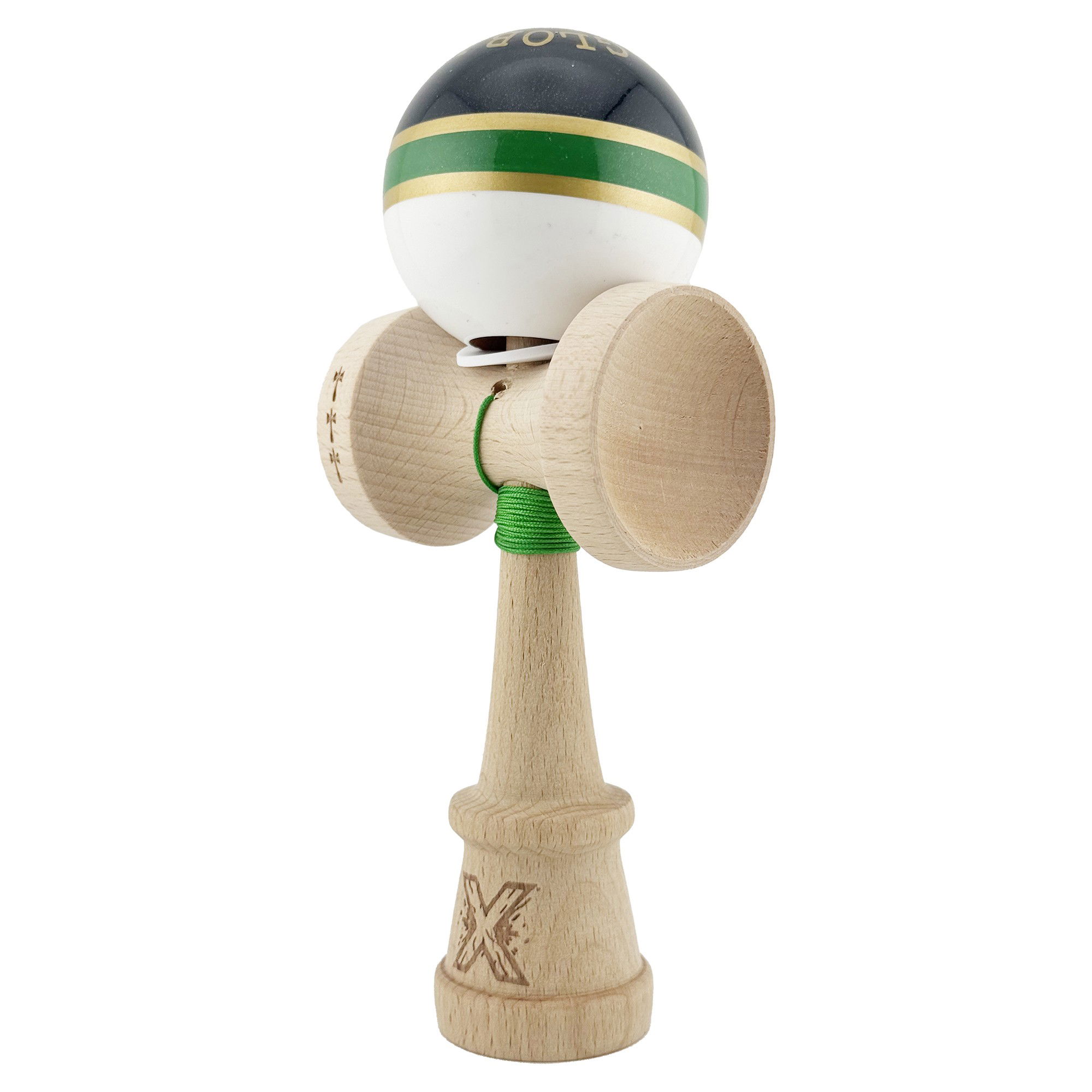 Kendama X Originala ROYAL SPIKE, Profesionala, Flippy, Cupe Mari KING SIZE V3, Super Sticky, Gaura in Baza, Rulment Metalic, din lemn 18 cm, Ata 62/65 cm, Inel Verde [3]