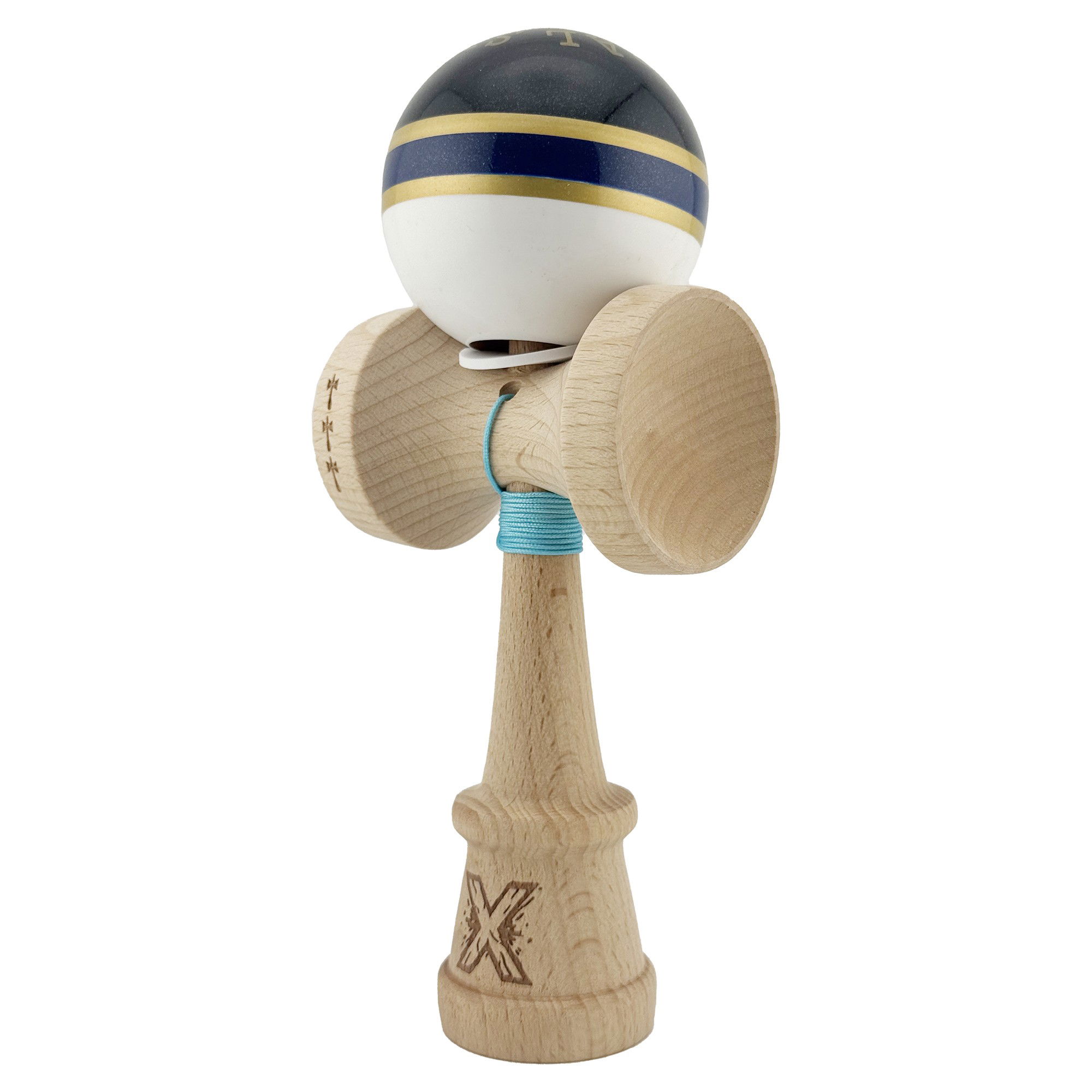 Kendama X Originala ROYAL SPIKE, Profesionala, Flippy, Cupe Mari KING SIZE V3, Super Sticky, Gaura in Baza, Rulment Metalic, din lemn 18 cm, Ata 62/65 cm, Inel Albastru inchis [3]